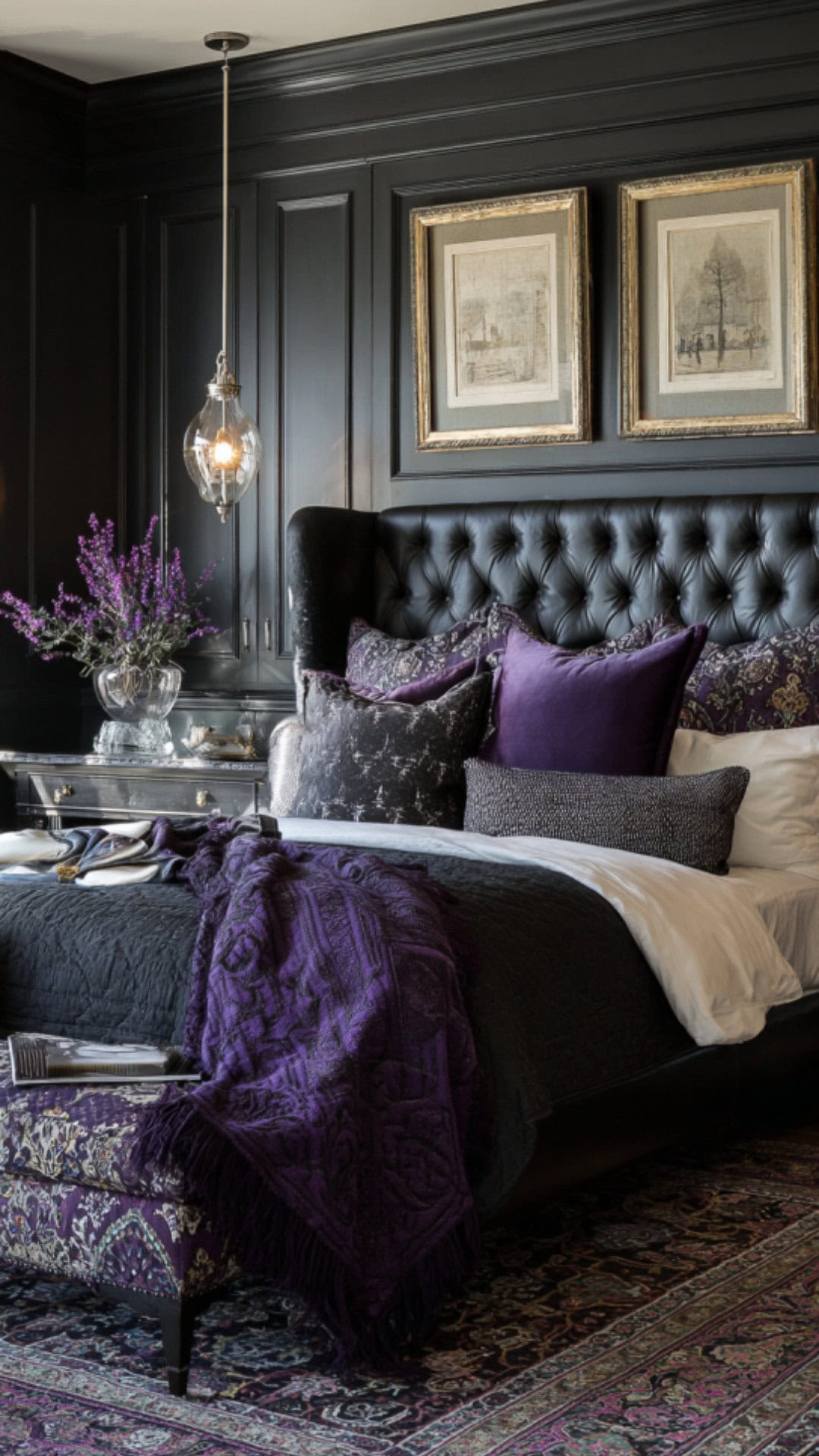 14. Black and White Bedroom with Purple Accents