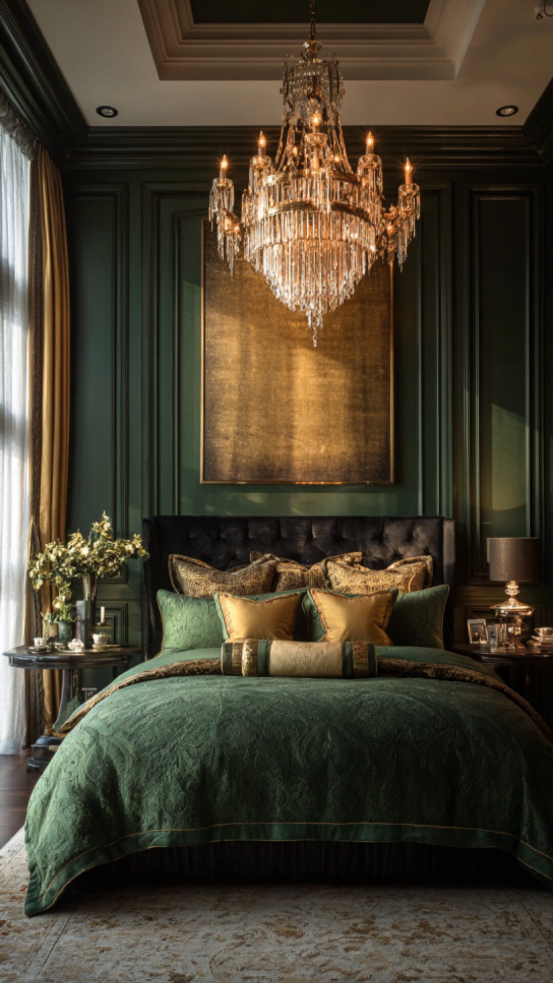 14. Green and Gold Bedroom with Elegant Shine