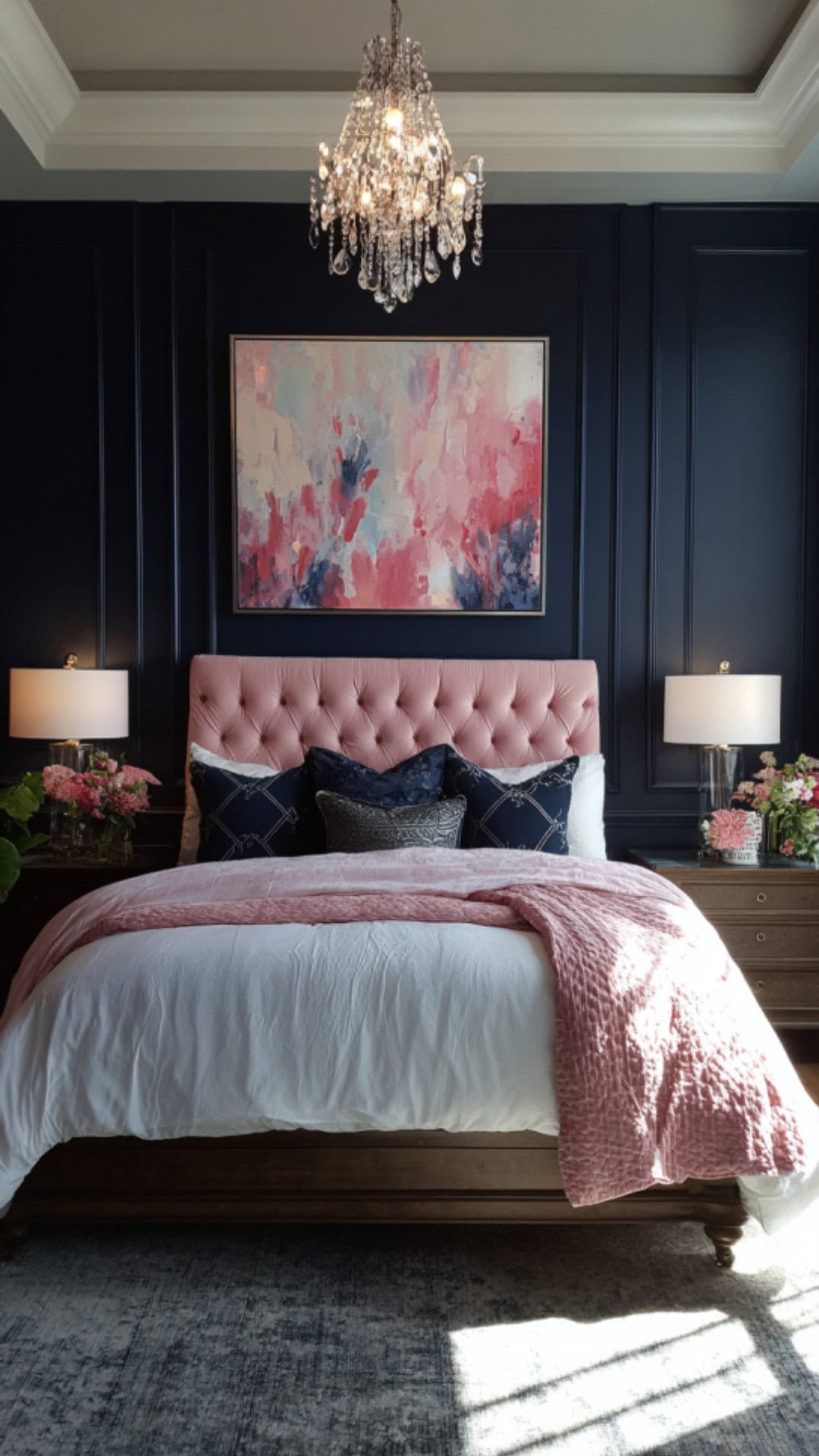 14. Navy Blue and Pink Bedroom with Striking Sophistication