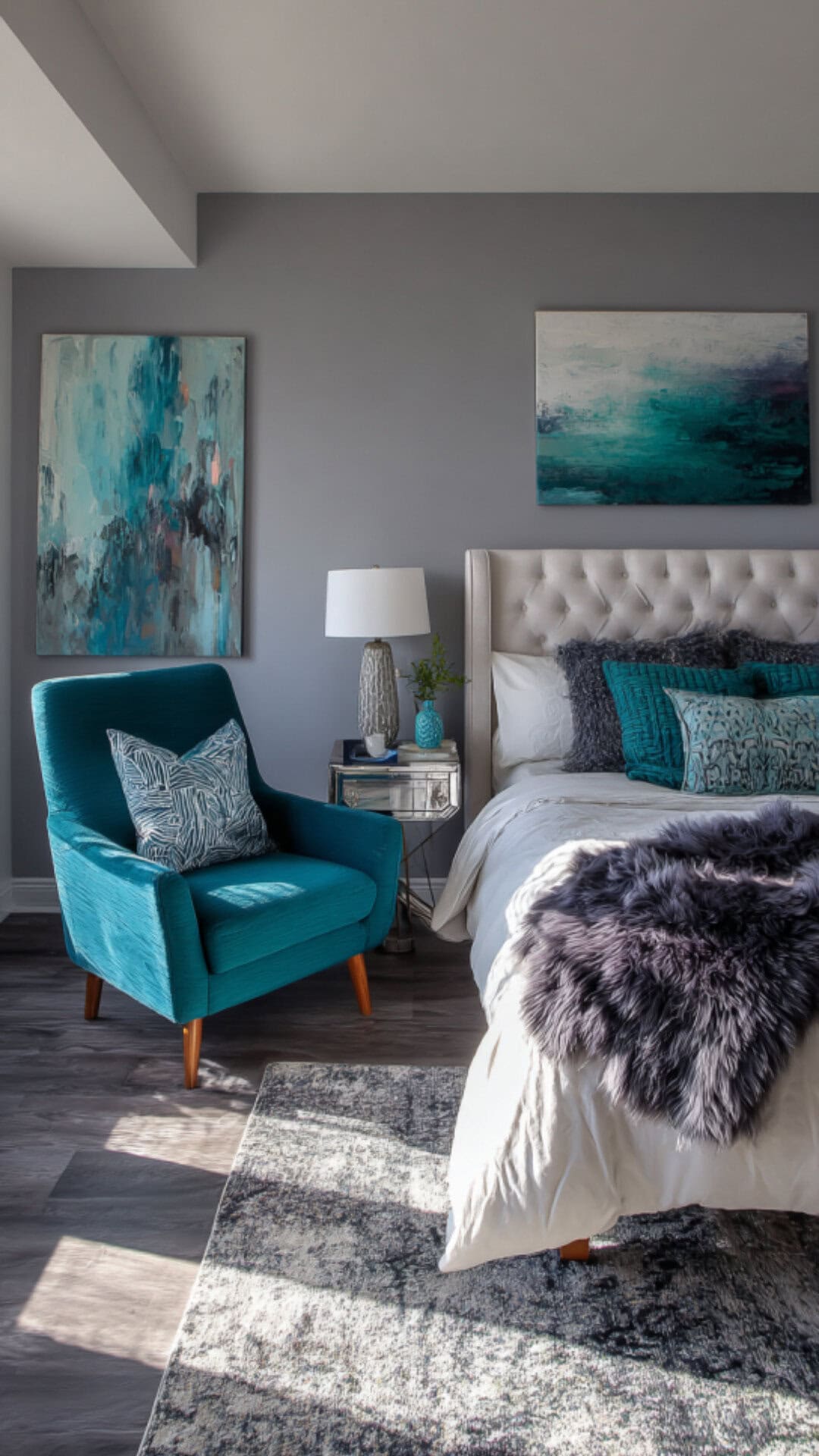 14. Grey and Teal Bedroom with Bold Style