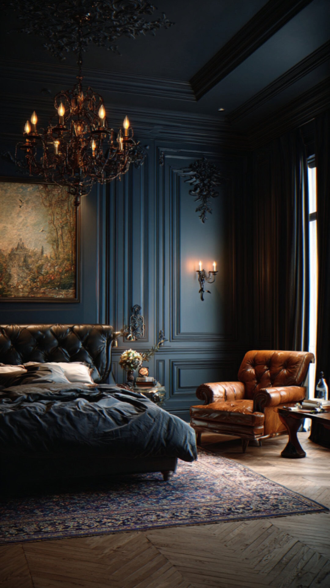 15. Dark Blue Moody Bedroom with Luxe Serenity