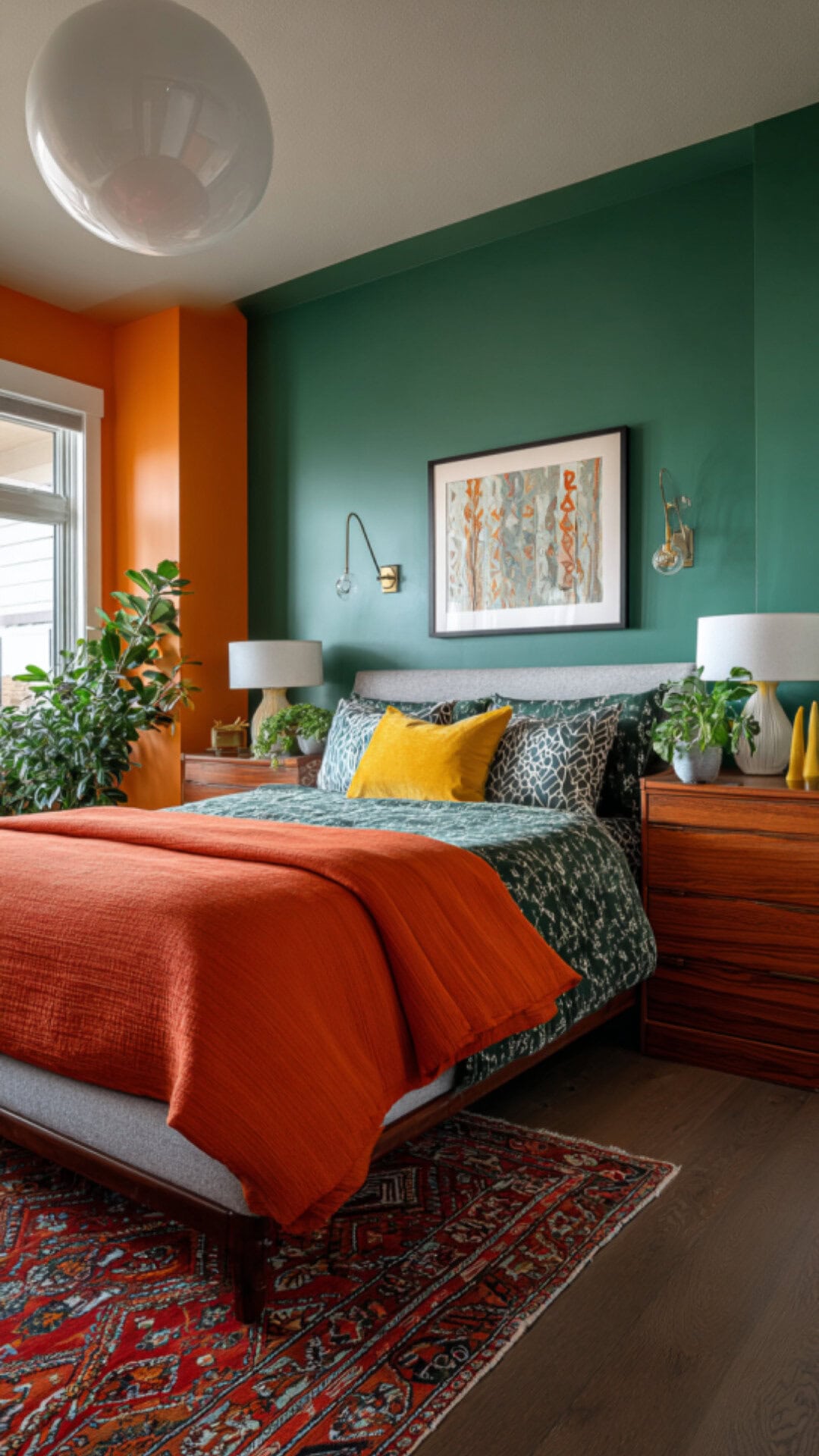 15. Green and Orange Bedroom with Vibrant Energy