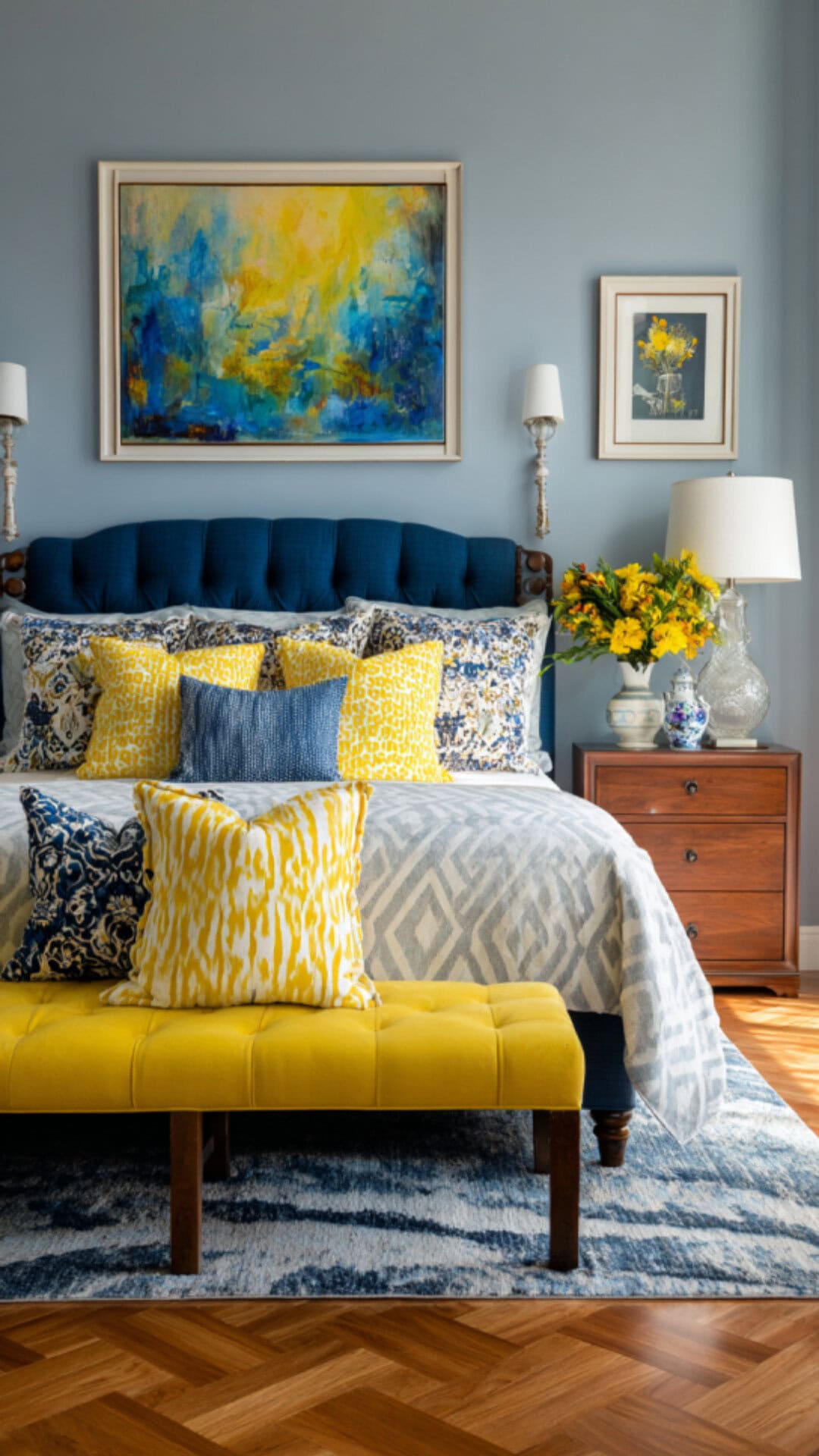 15. Blue and Yellow Bedroom with Vibrant Energy
