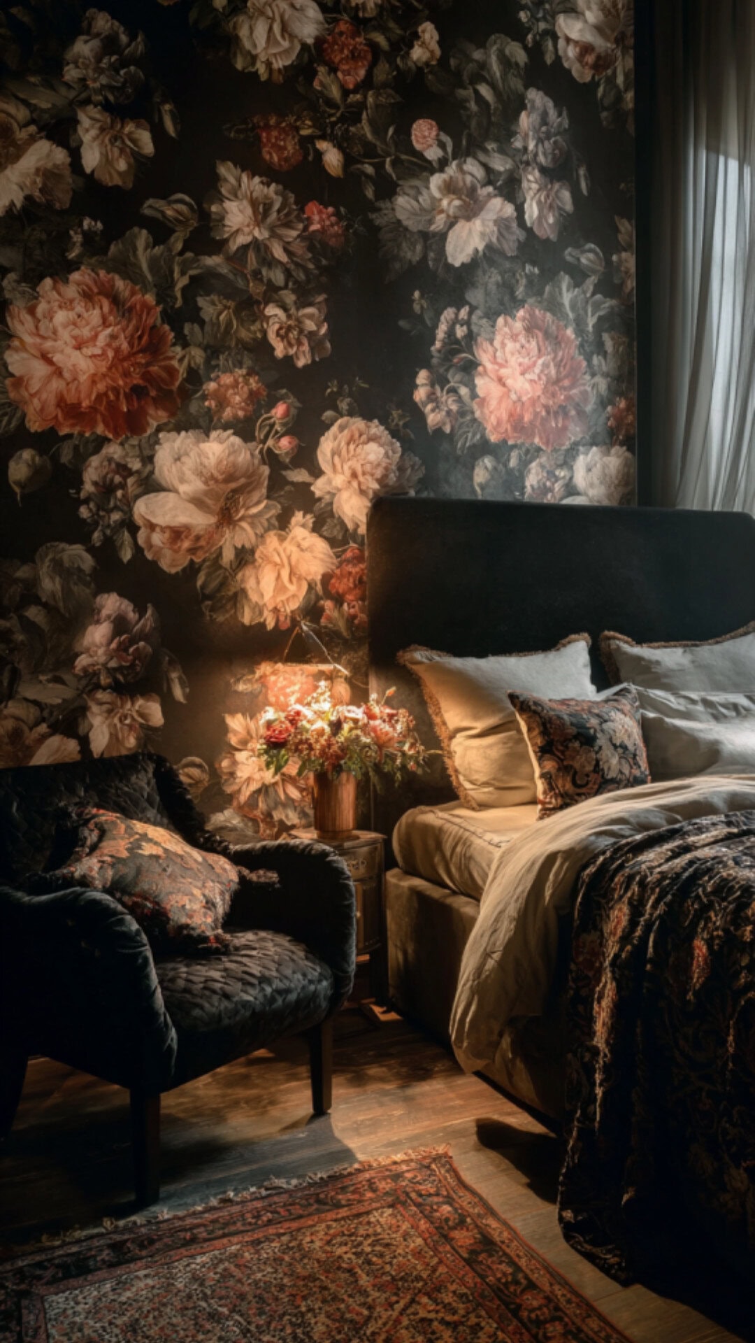 2. Floral Moody Bedroom with Romantic Drama