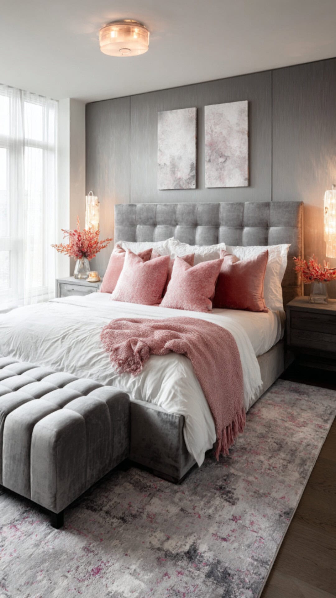 2. Grey and Pink Bedroom with Subtle Elegance