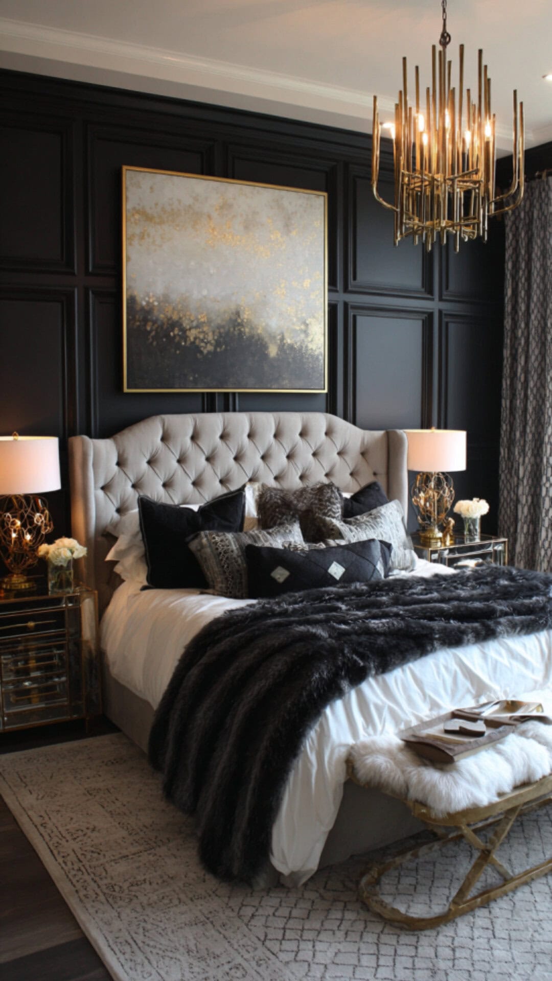 2. Black and White Bedroom with Gold Details