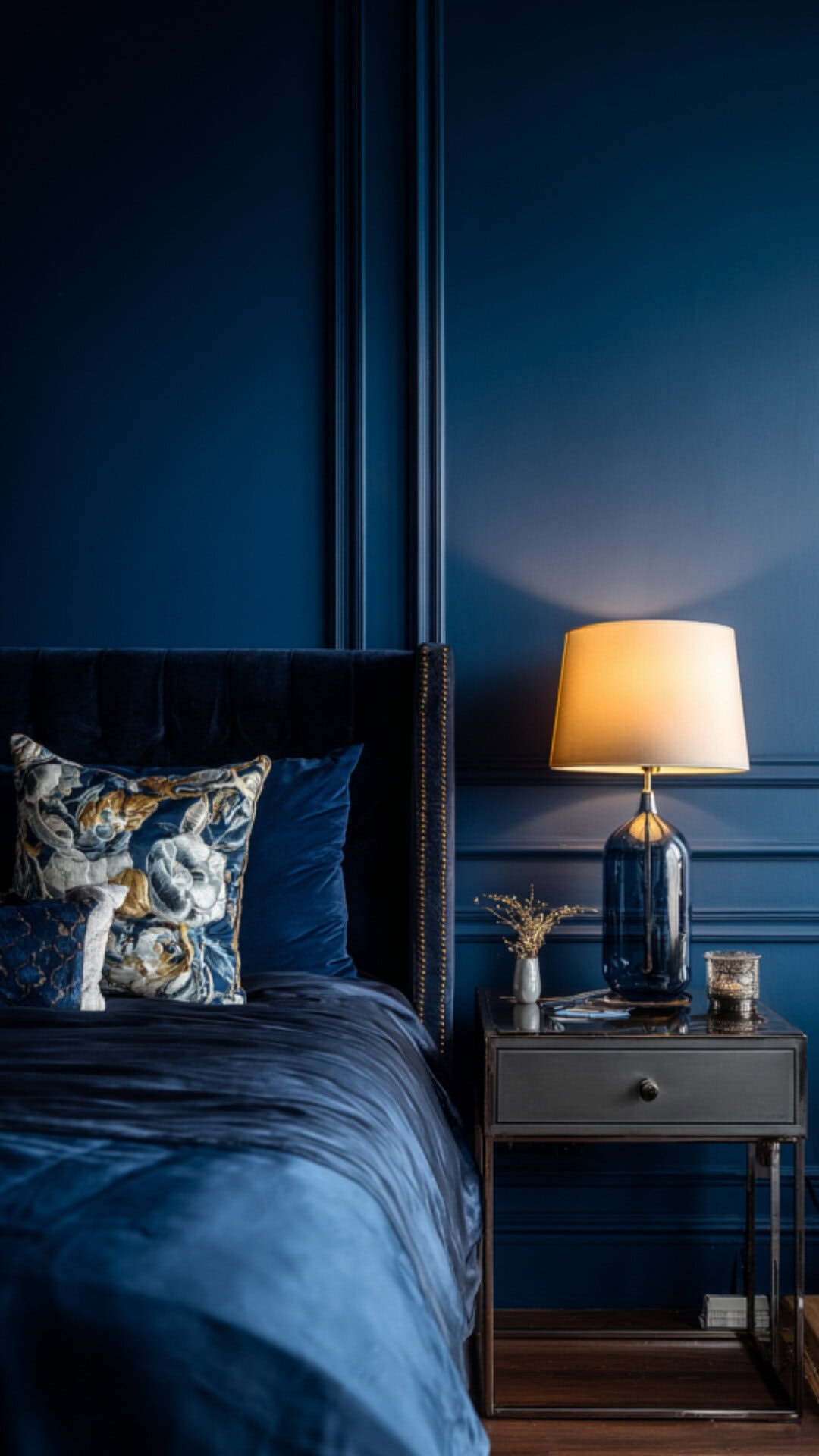 2. Dark Blue Bedroom with Moody Elegance
