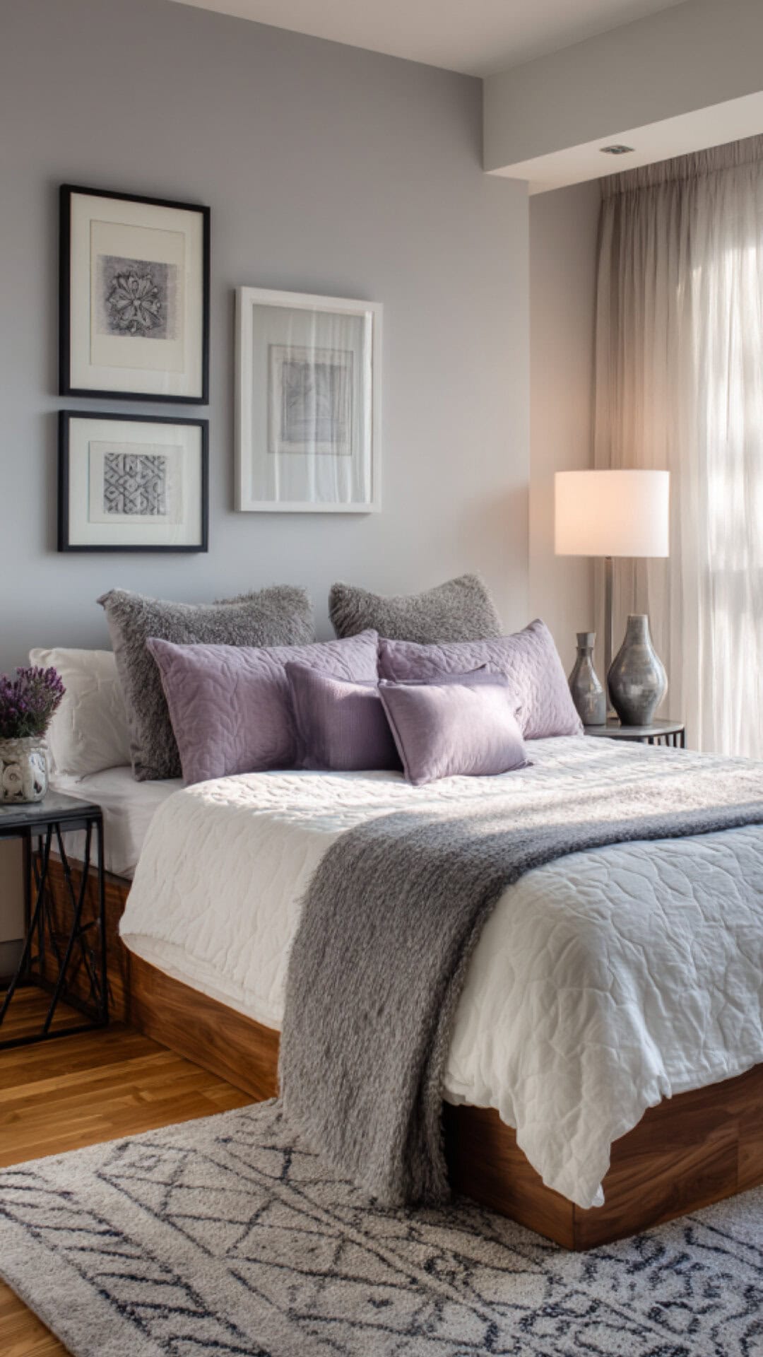 2. Grey and Purple Bedroom with Balanced Contrast