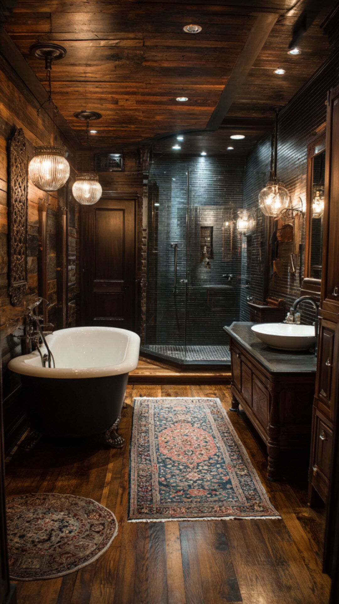 2. Dark Wood Bathroom with Cozy Atmosphere
