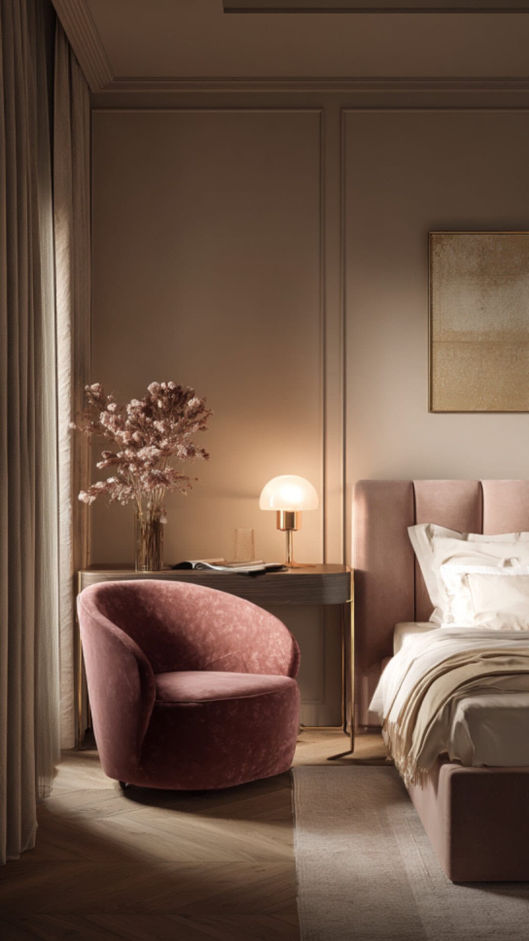 3. Dusty Pink Bedroom with Warm Romance