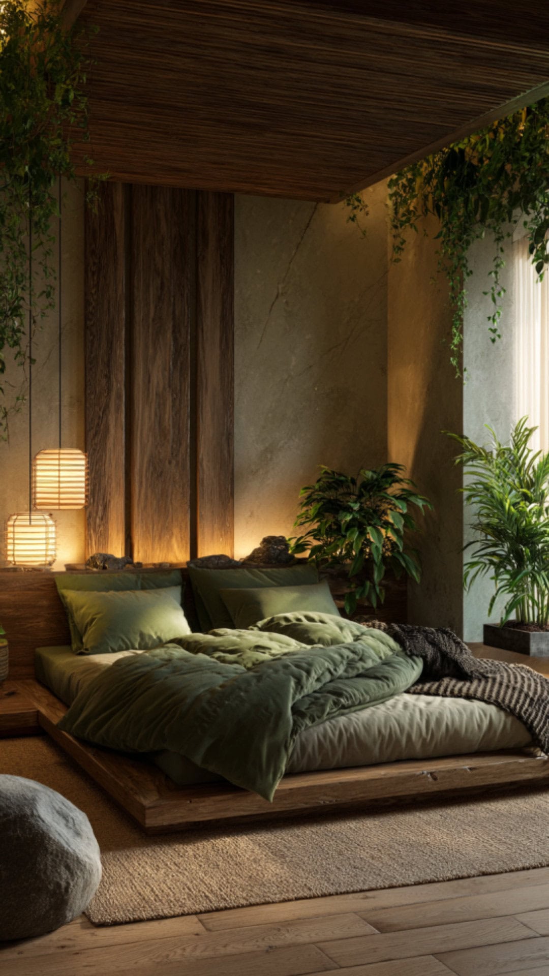 3. Green Japandi Bedroom with Natural Freshness