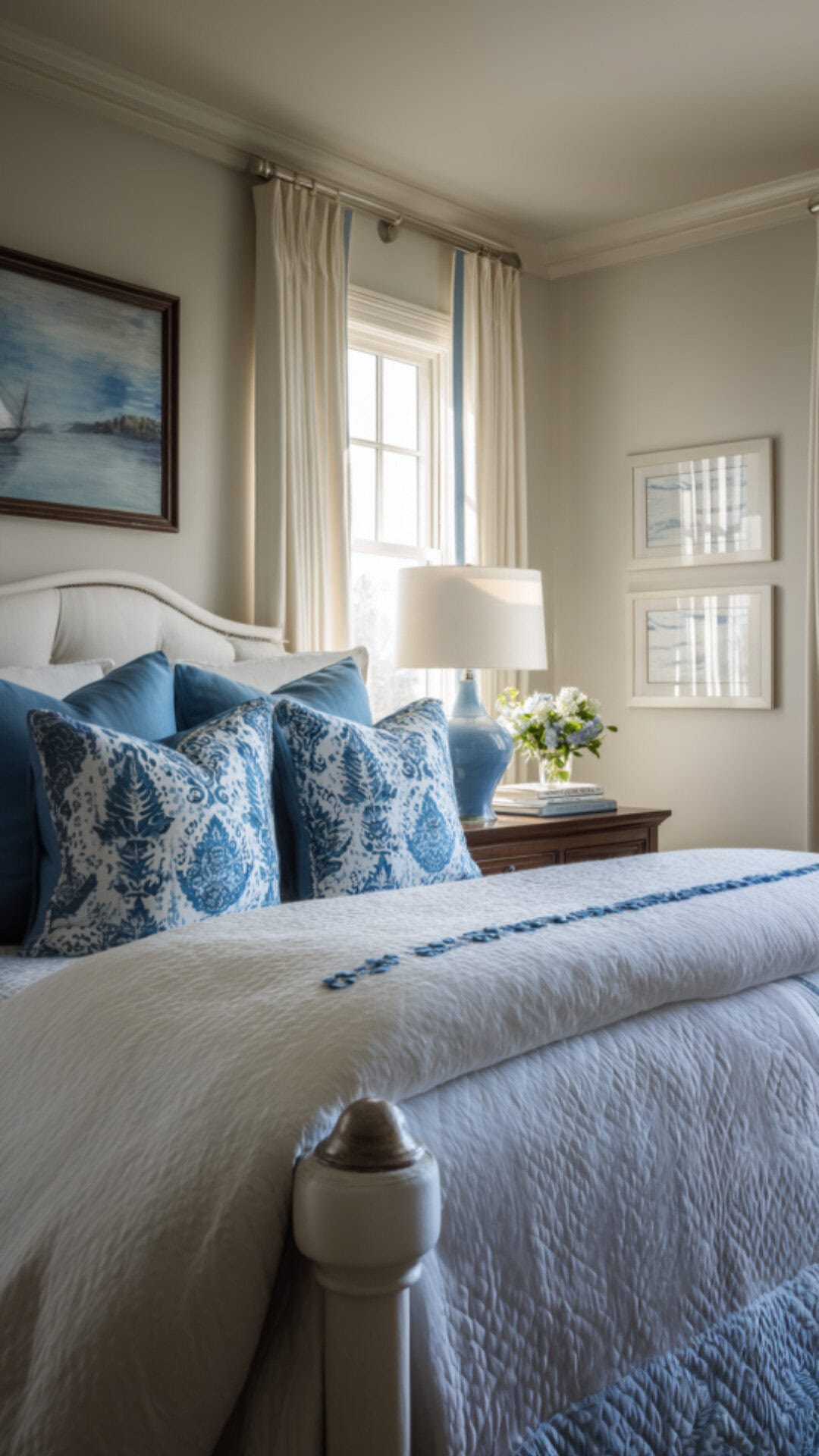 3. Blue and White Bedroom with Crisp Balance