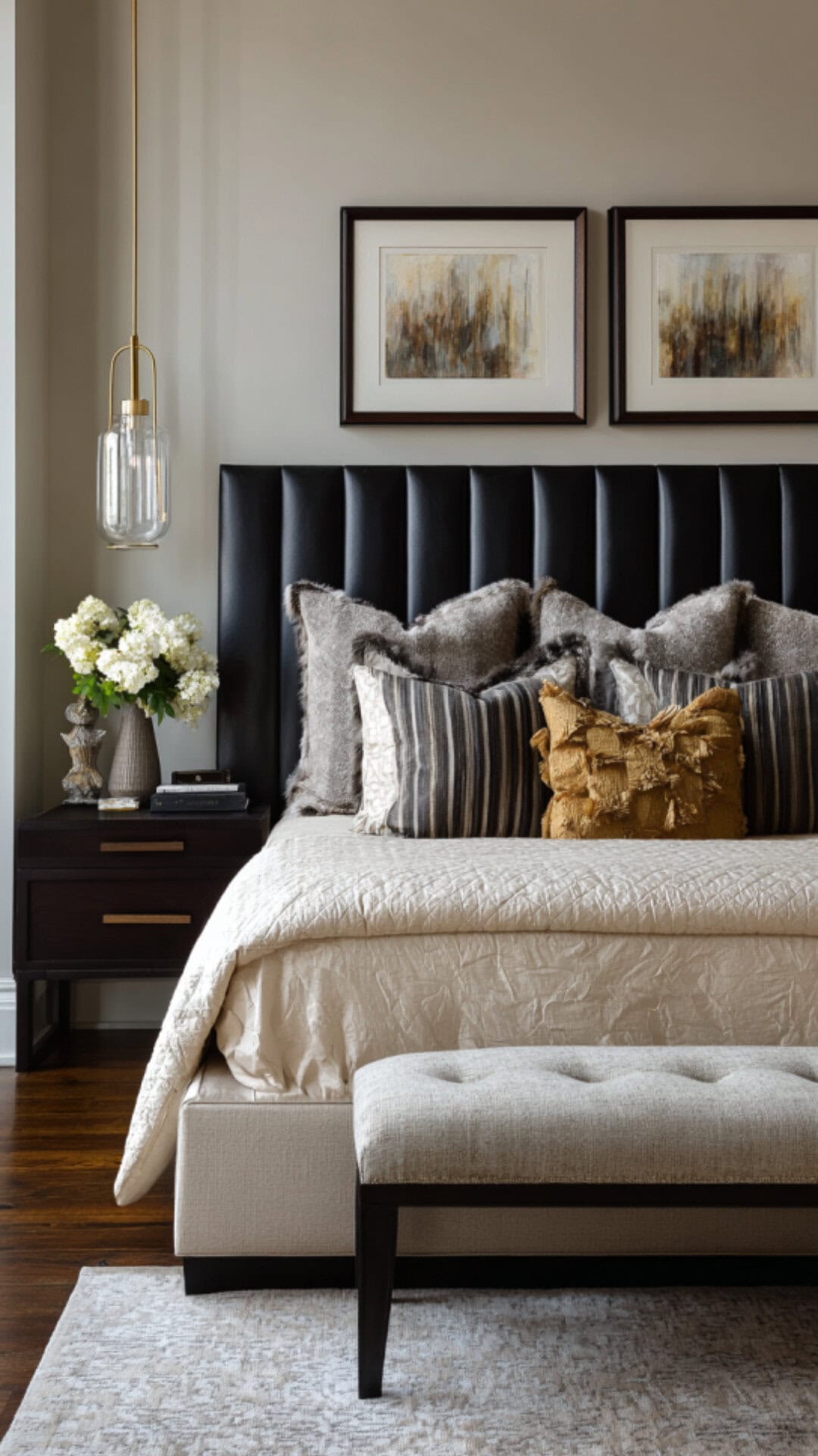 3. Beige and Black Bedroom with Striking Contrast