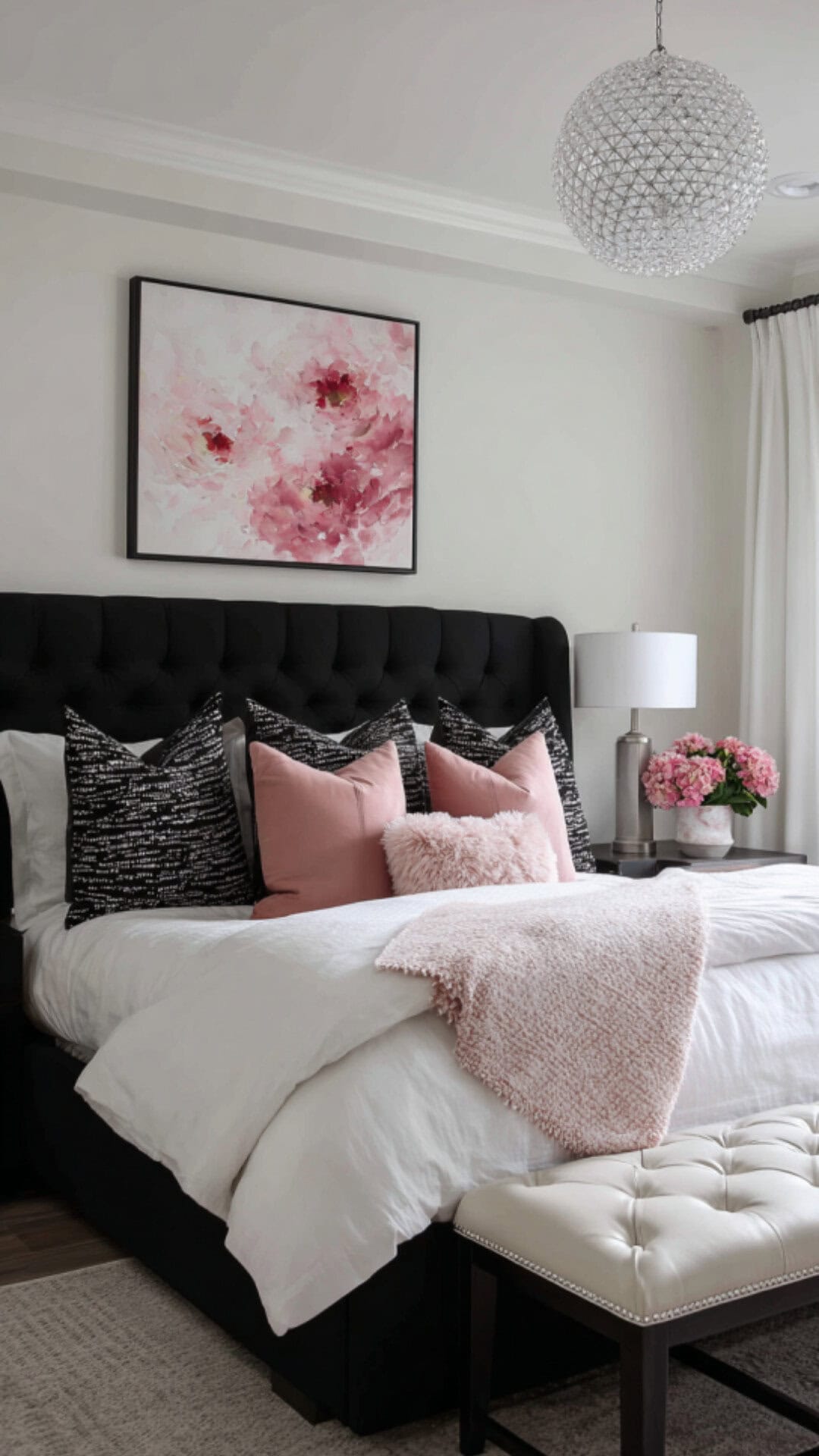 3. Black and White Bedroom with Pink Accents
