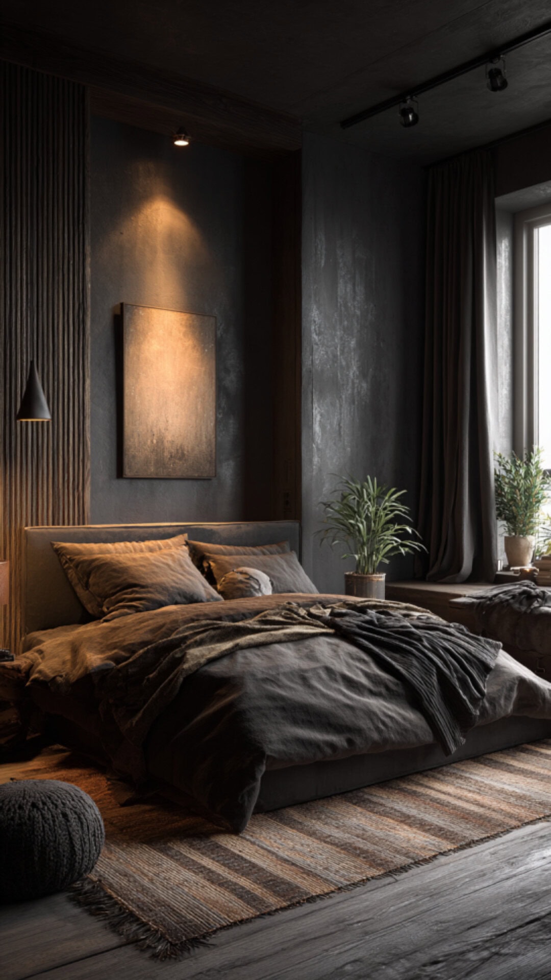 3. Earthy Dark Bedroom with Organic Warmth