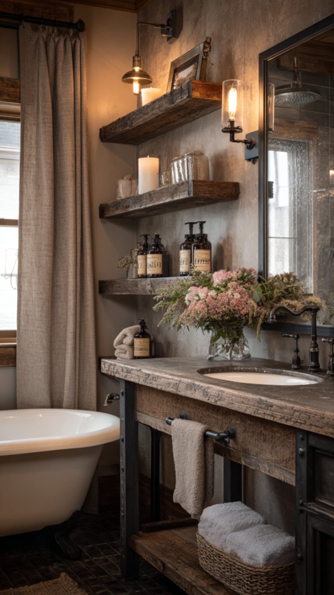 3. Rustic Floating Shelves in a Farmhouse Bathroom