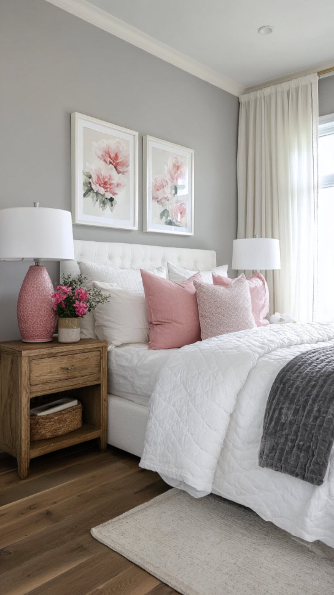 3. Grey and White Bedroom with Pink Touches