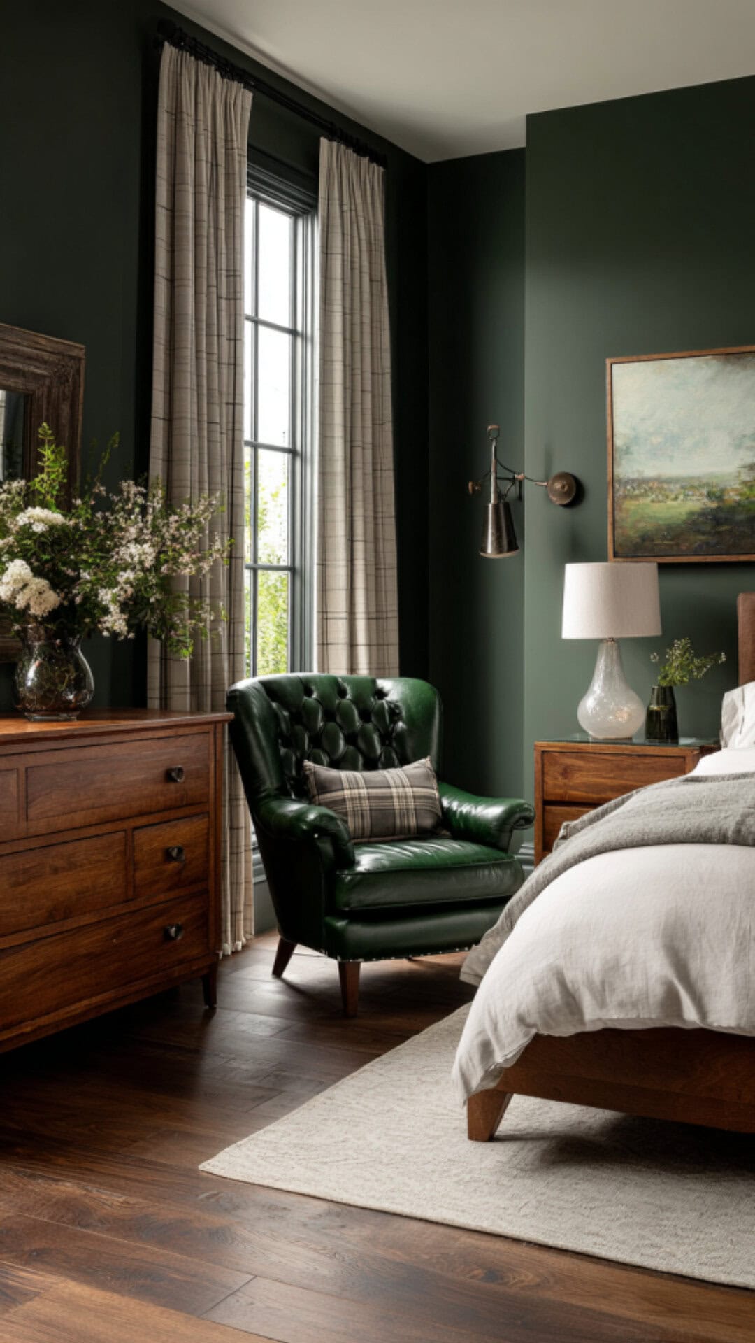 4. Forest Green Bedroom with Natural Charm