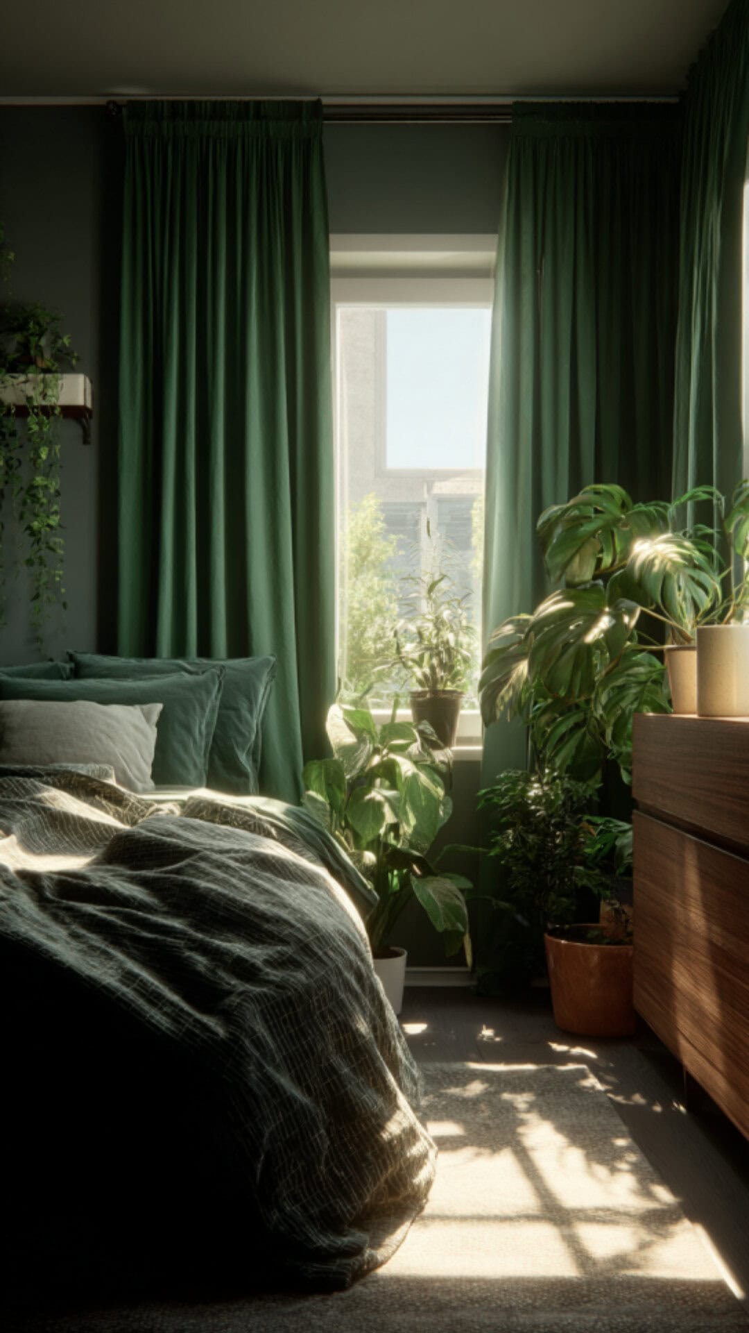 4. Green Curtains for a Nature-Inspired Bedroom