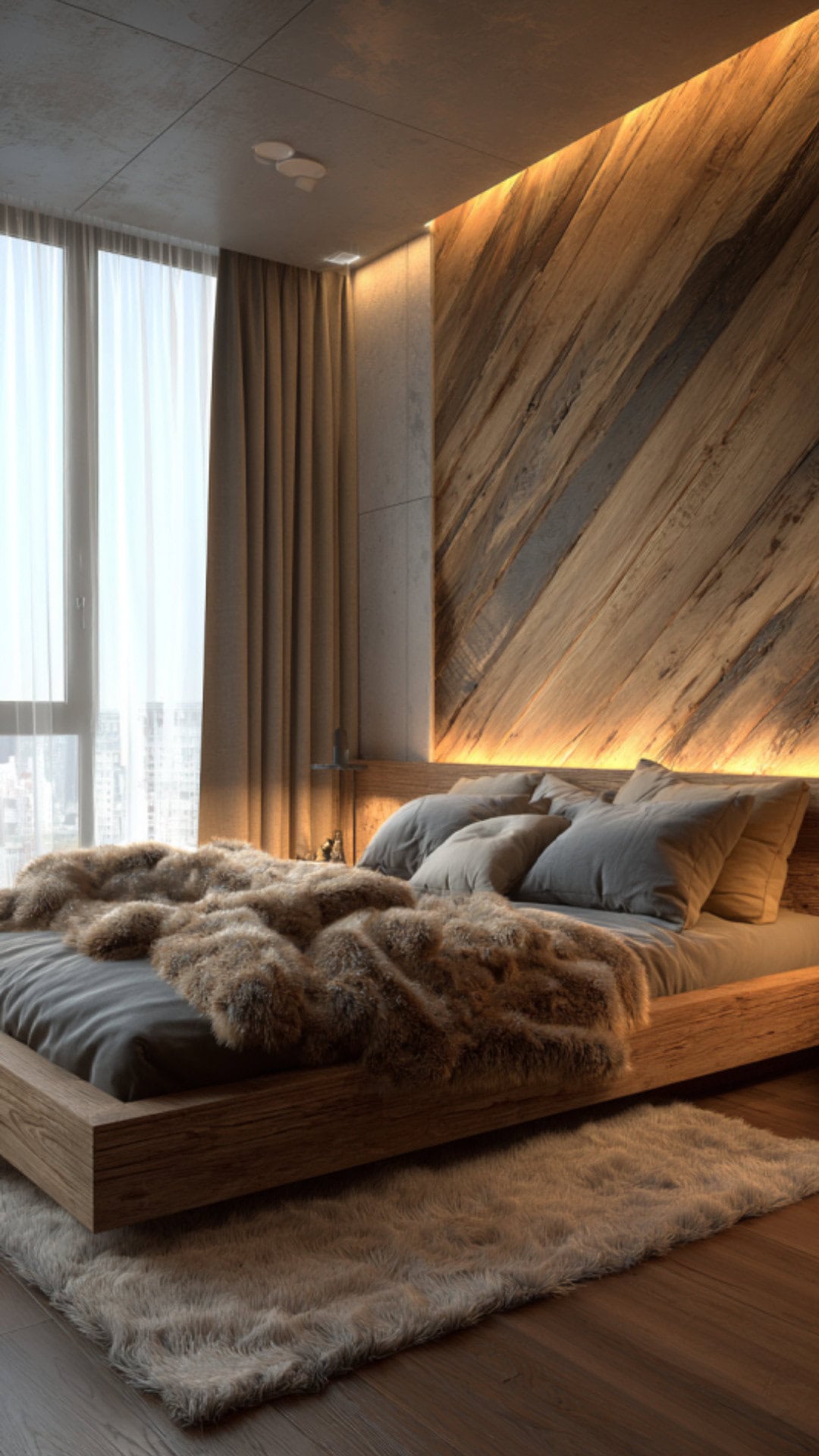 4. Wood Bedroom Accent Wall with Warm Texture