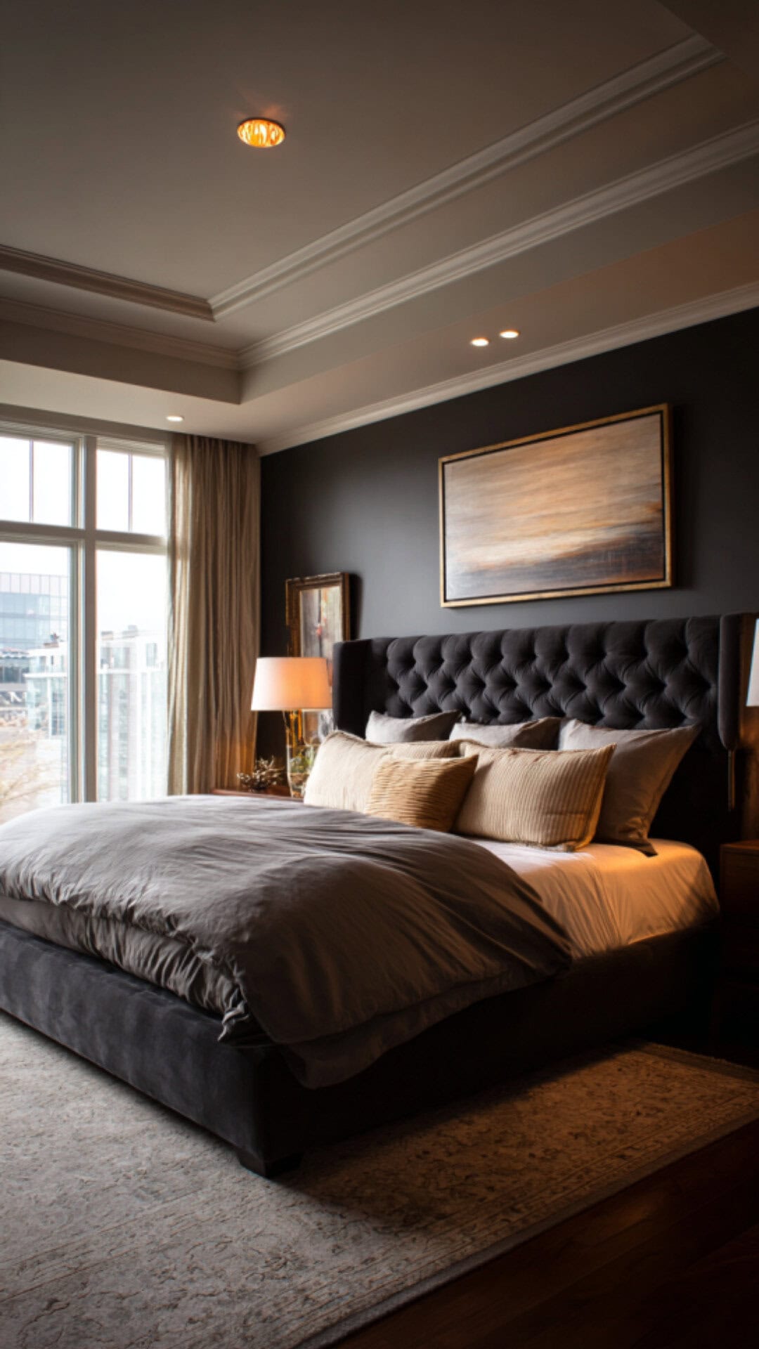 4. Neutral Black Bedroom with Balanced Warmth