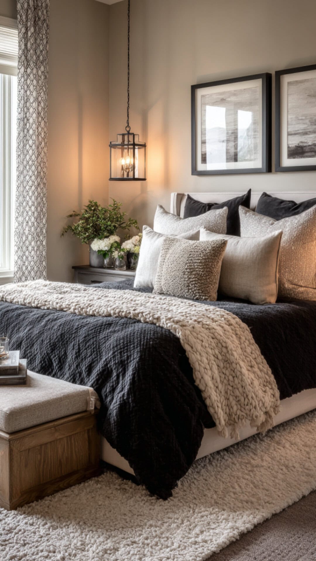 4. Black and White Bedroom with Beige Warmth