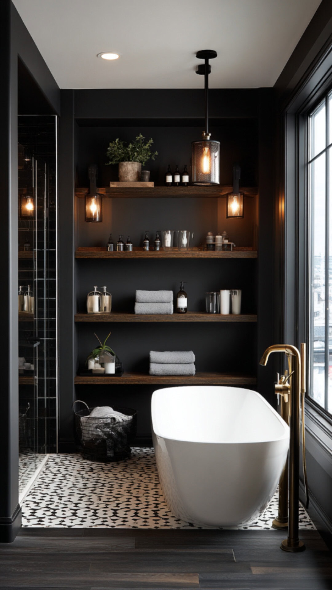 4. Black Floating Shelves with Bold Contrast