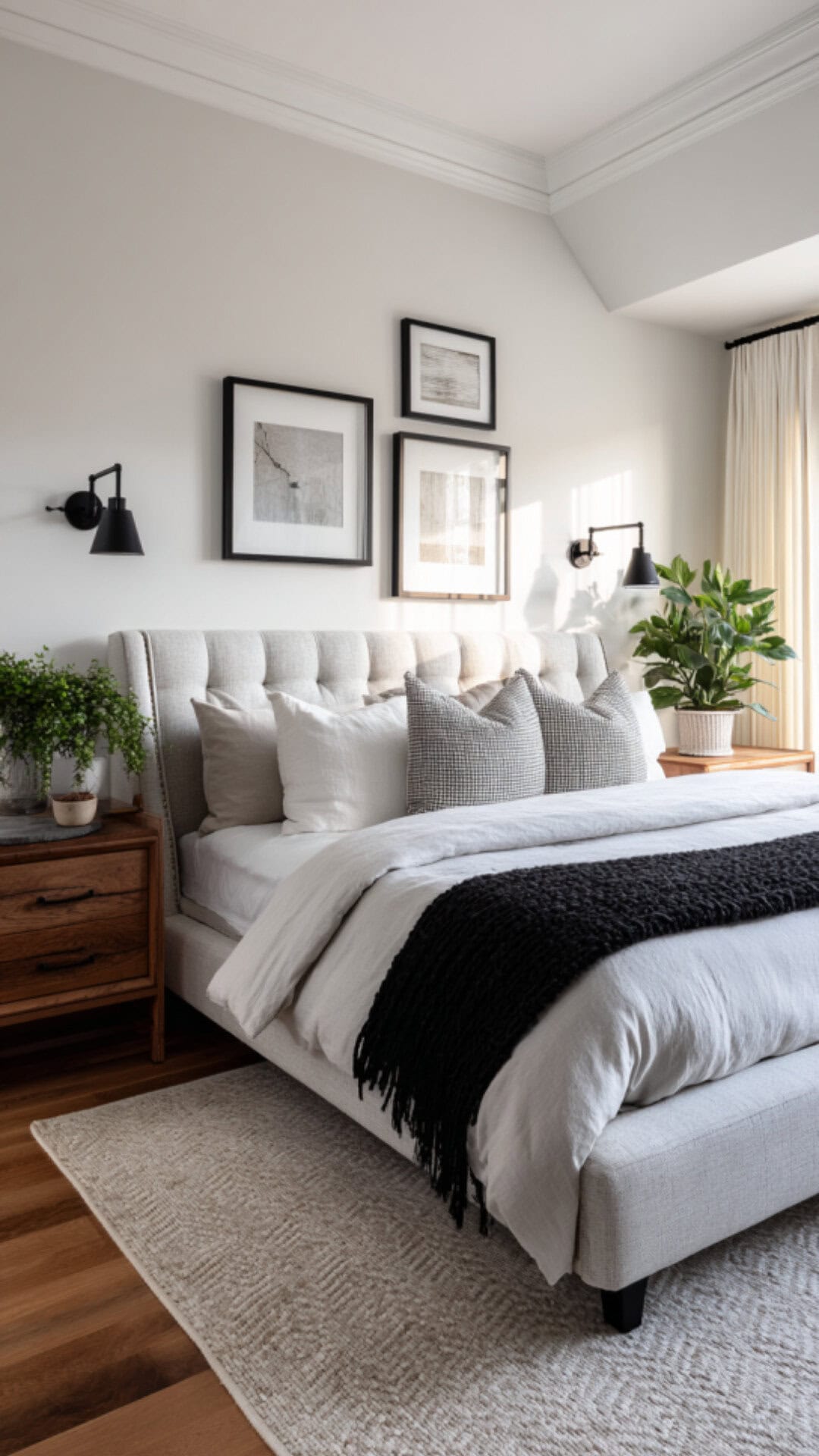 4. Black Accented Neutral Bedroom with Bold Contrast