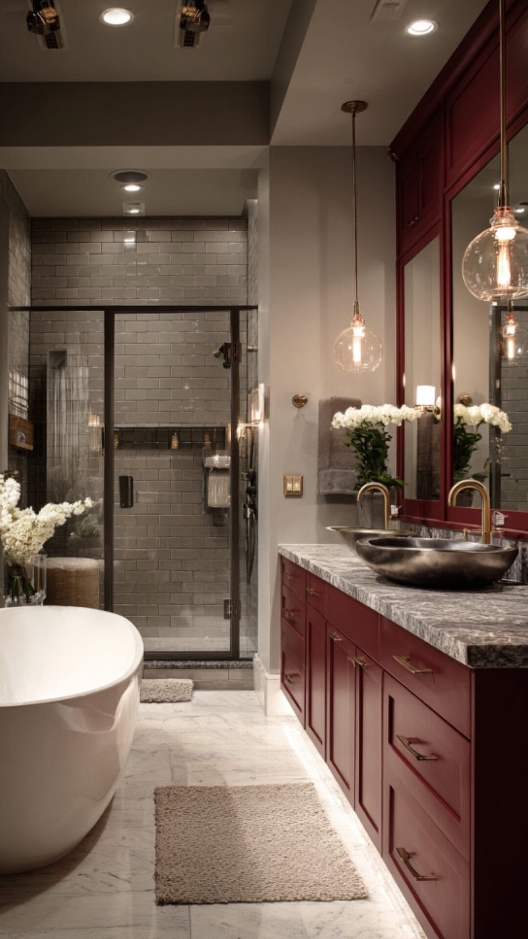 5. Burgundy and Gray Bathroom with Subtle Elegance