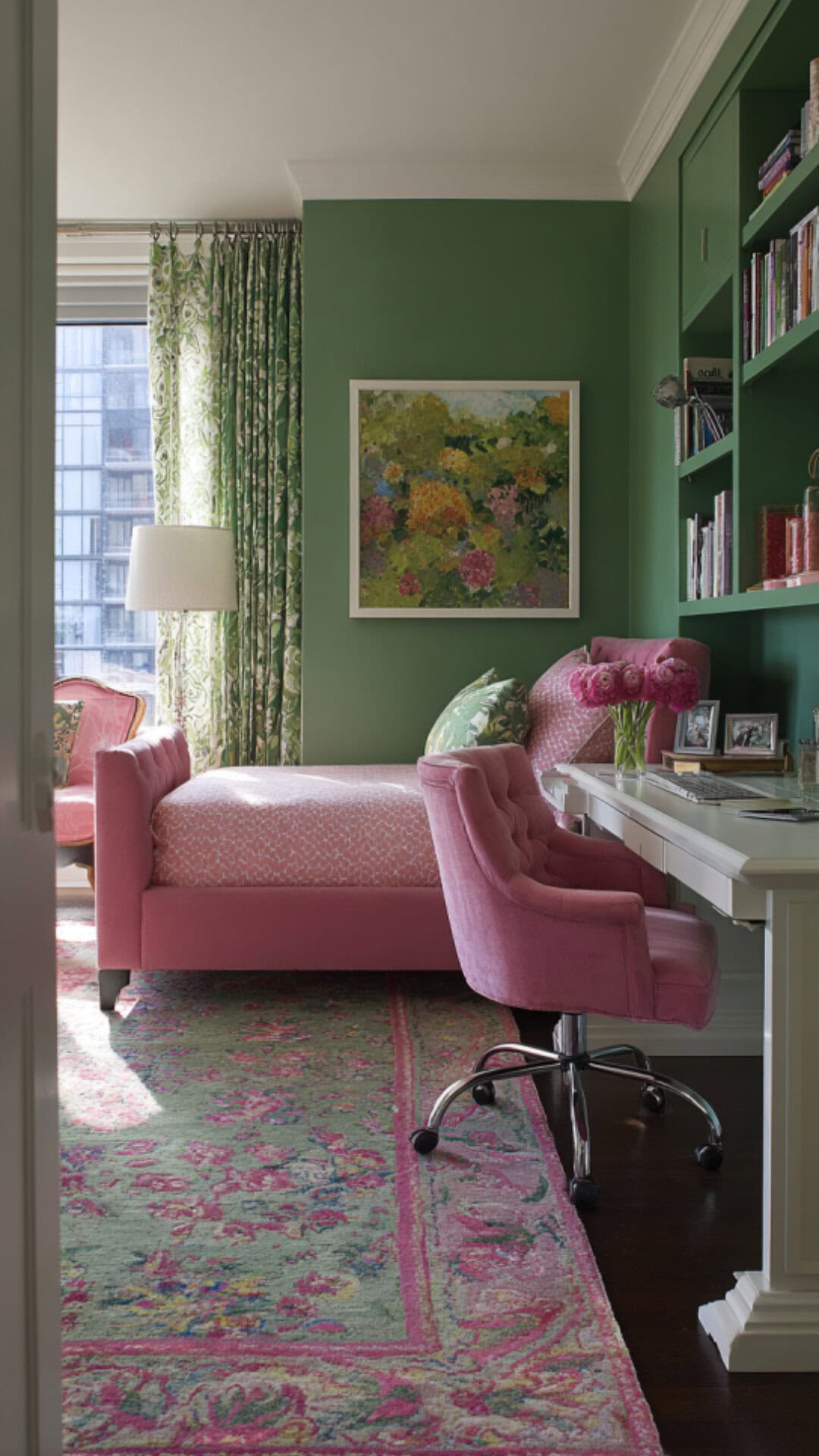 5. Green and Pink Bedroom with Playful Contrast