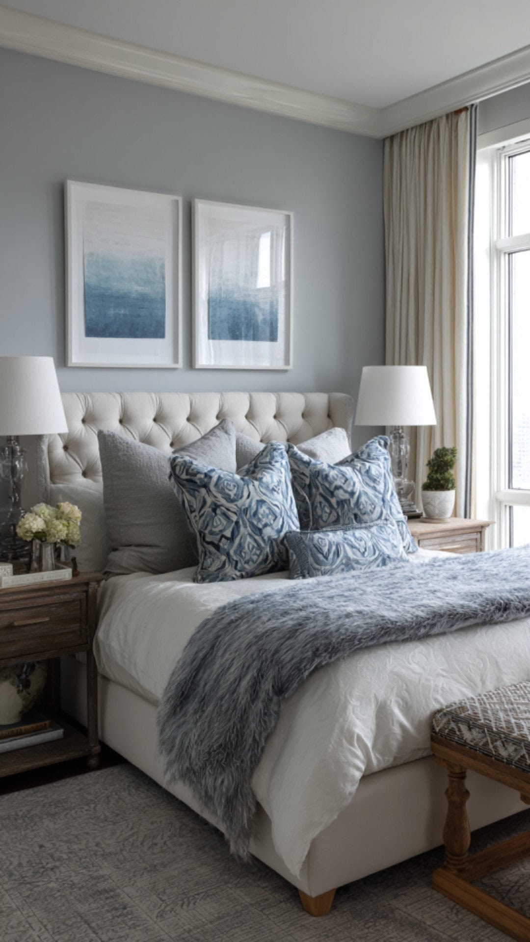 5. Grey and Blue Bedroom with Tranquil Balance