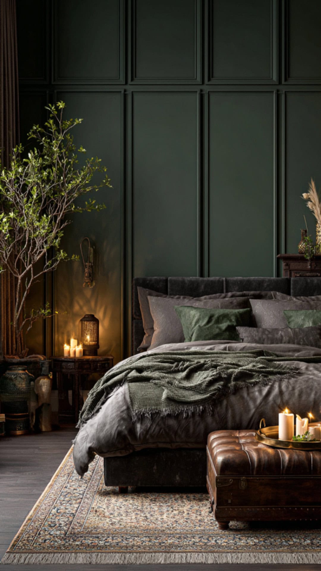 5. Dark Green Bedroom Accent Wall with Moody Elegance