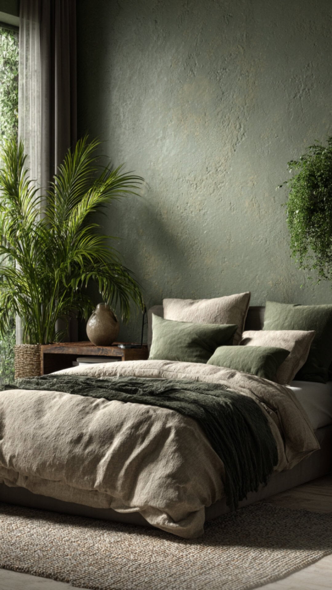 5. Beige and Green Bedroom with Natural Serenity