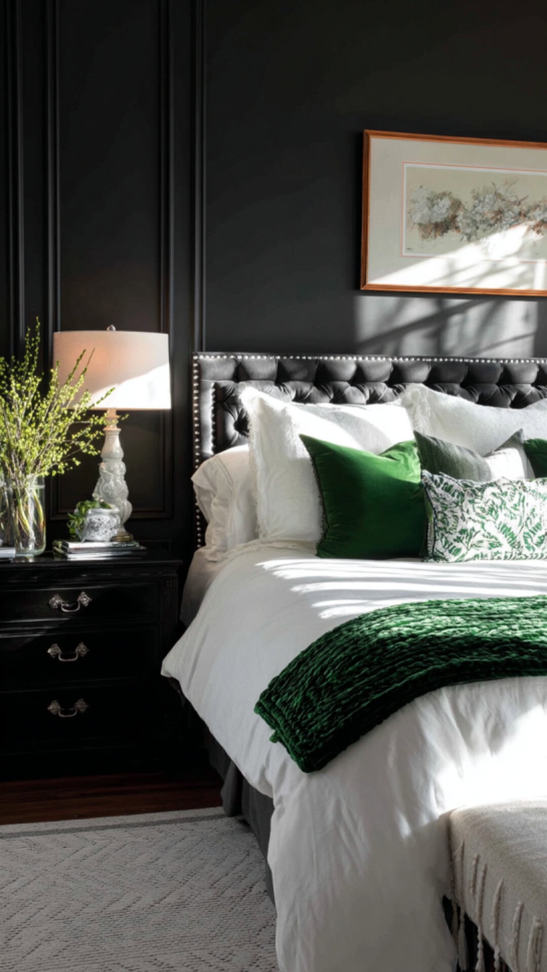 5. Black and White Bedroom with Green Touches