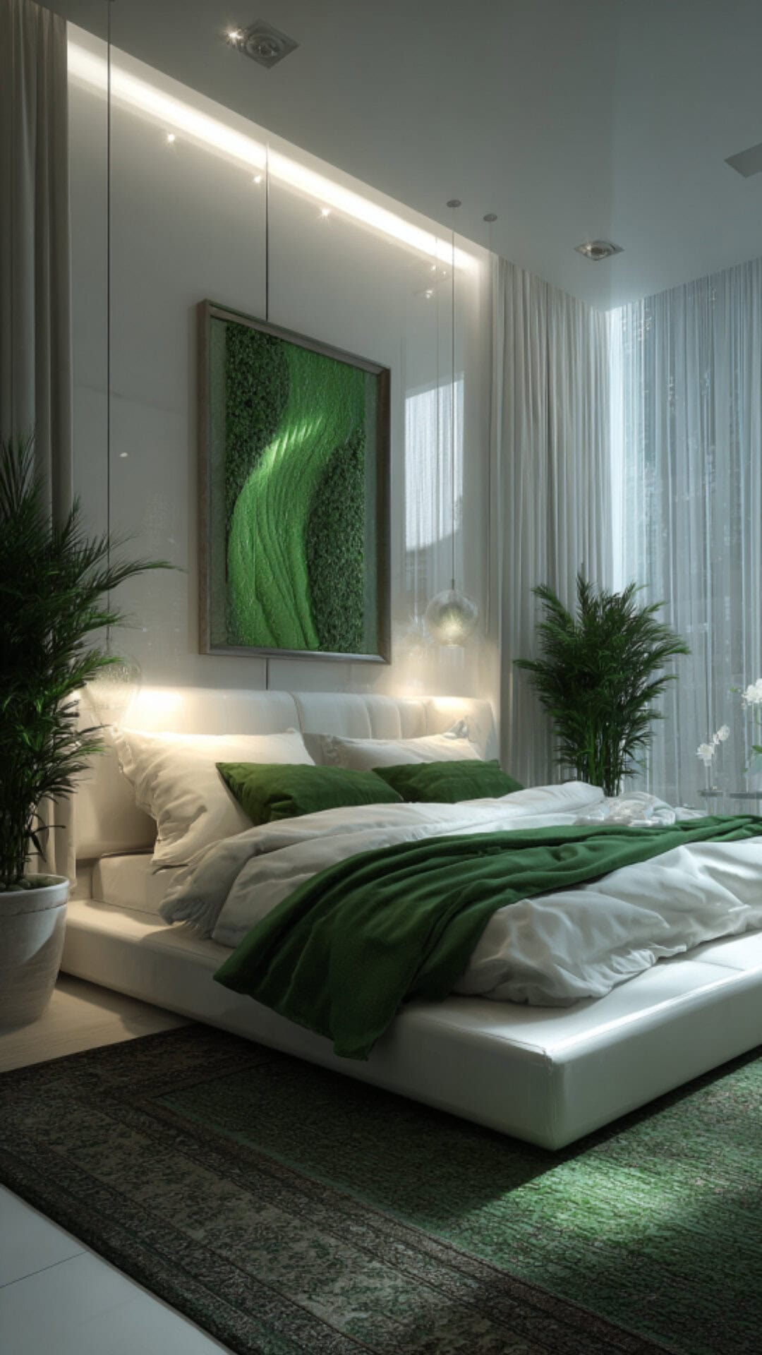 5. White and Green Bedroom with Natural Freshness