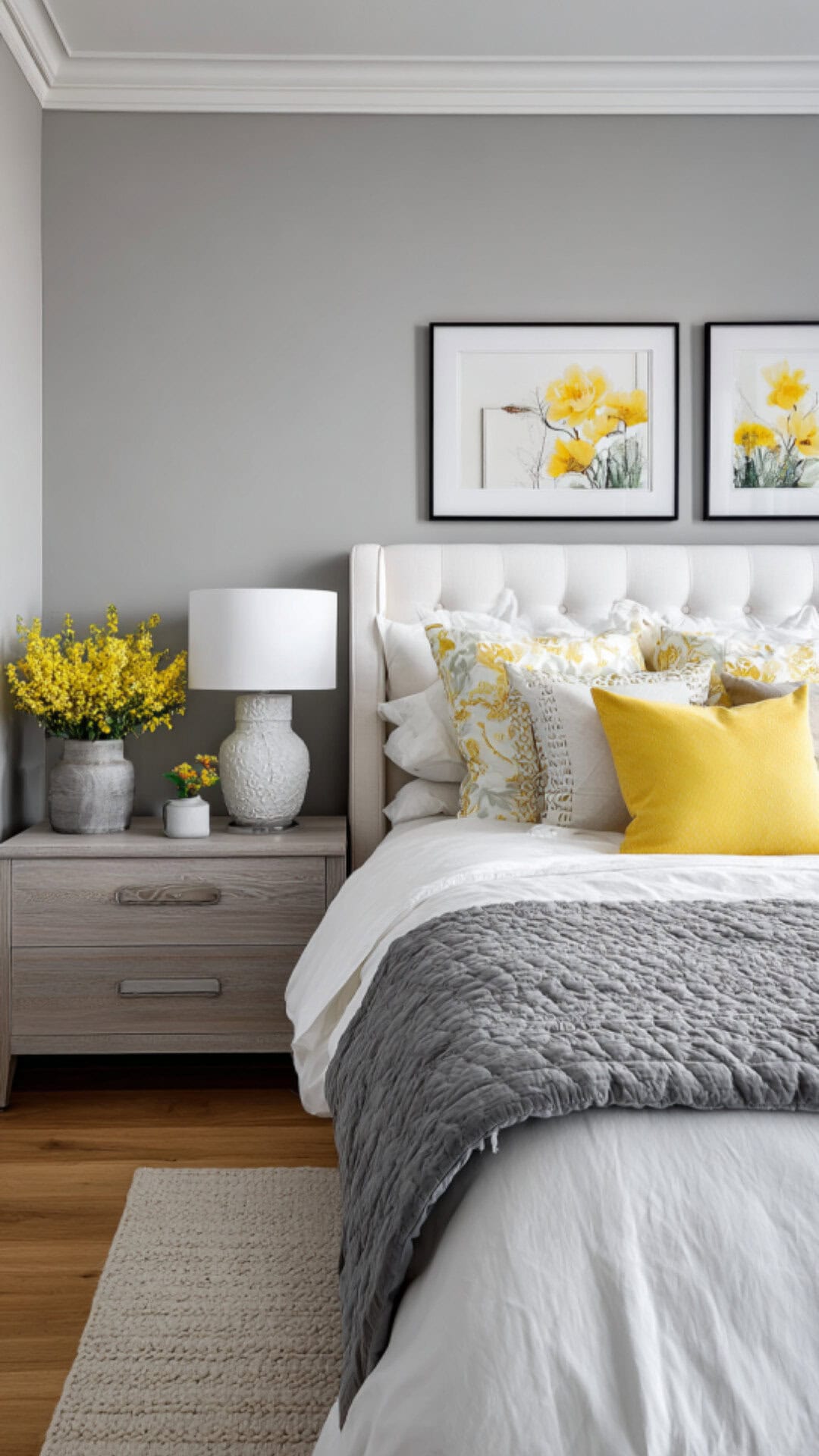 5. Grey and White Bedroom with Yellow Accents