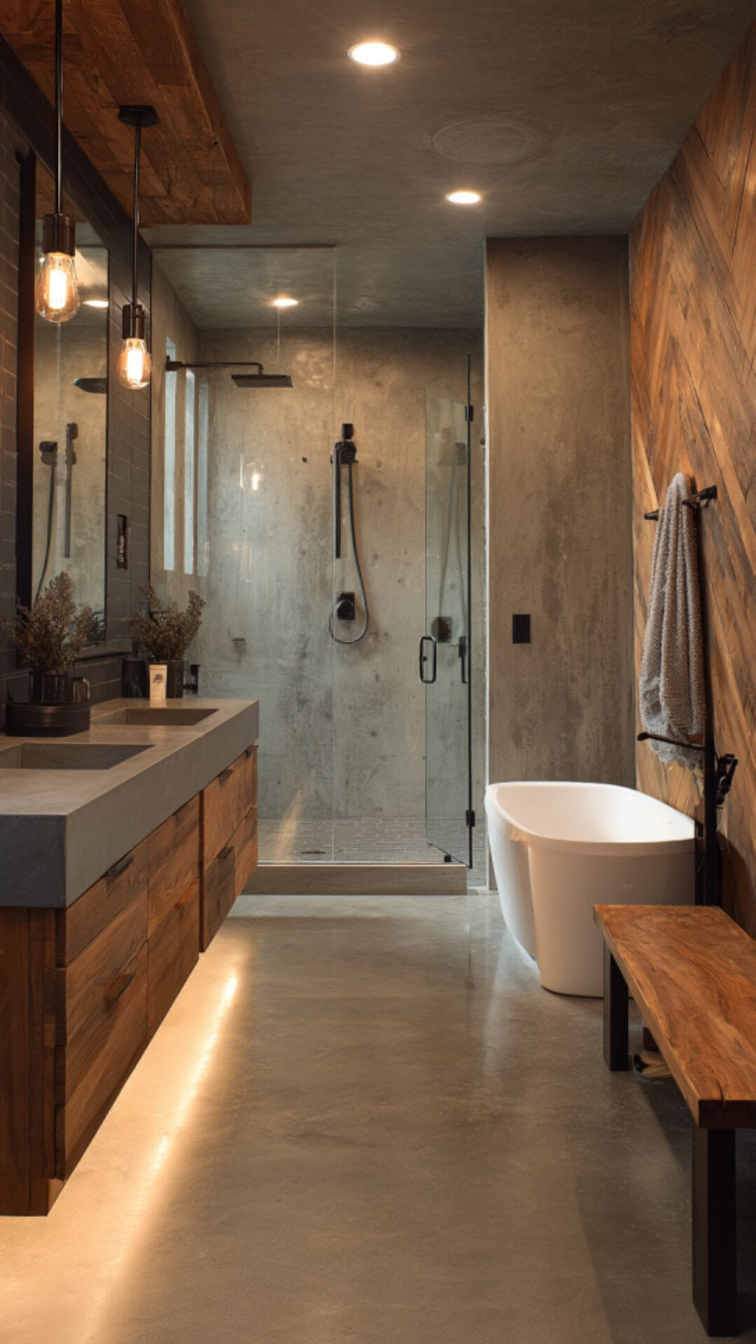 5. Wood and Concrete Bathroom with Modern Edge