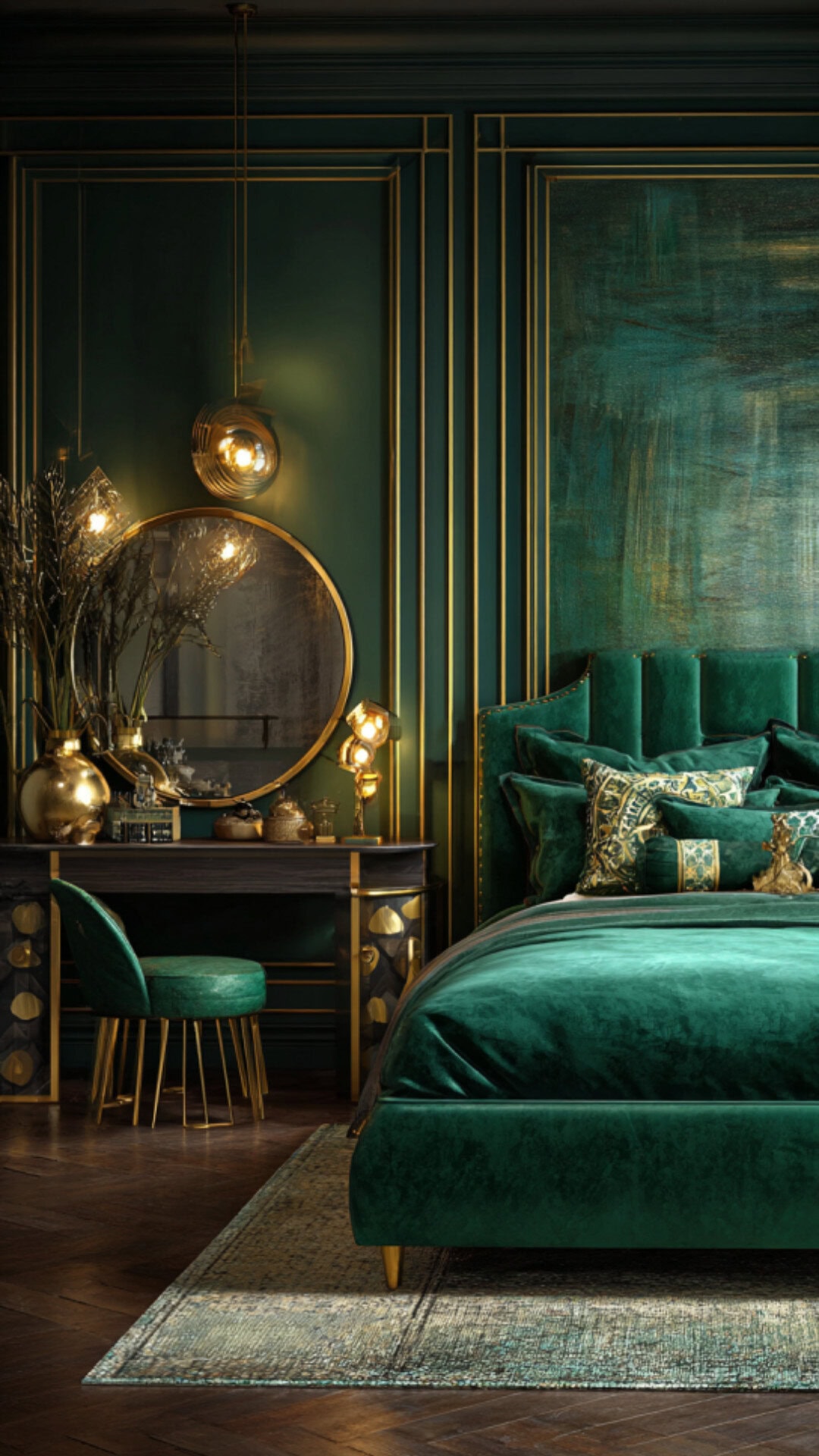 6. Emerald Green Bedroom with Luxurious Glamour
