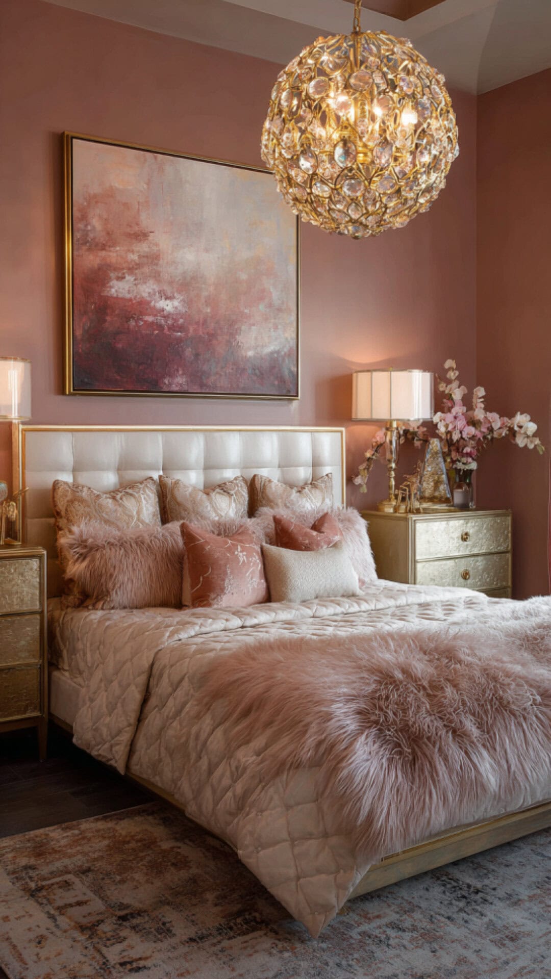 6. Gold and Pink Bedroom with Glamorous Accents