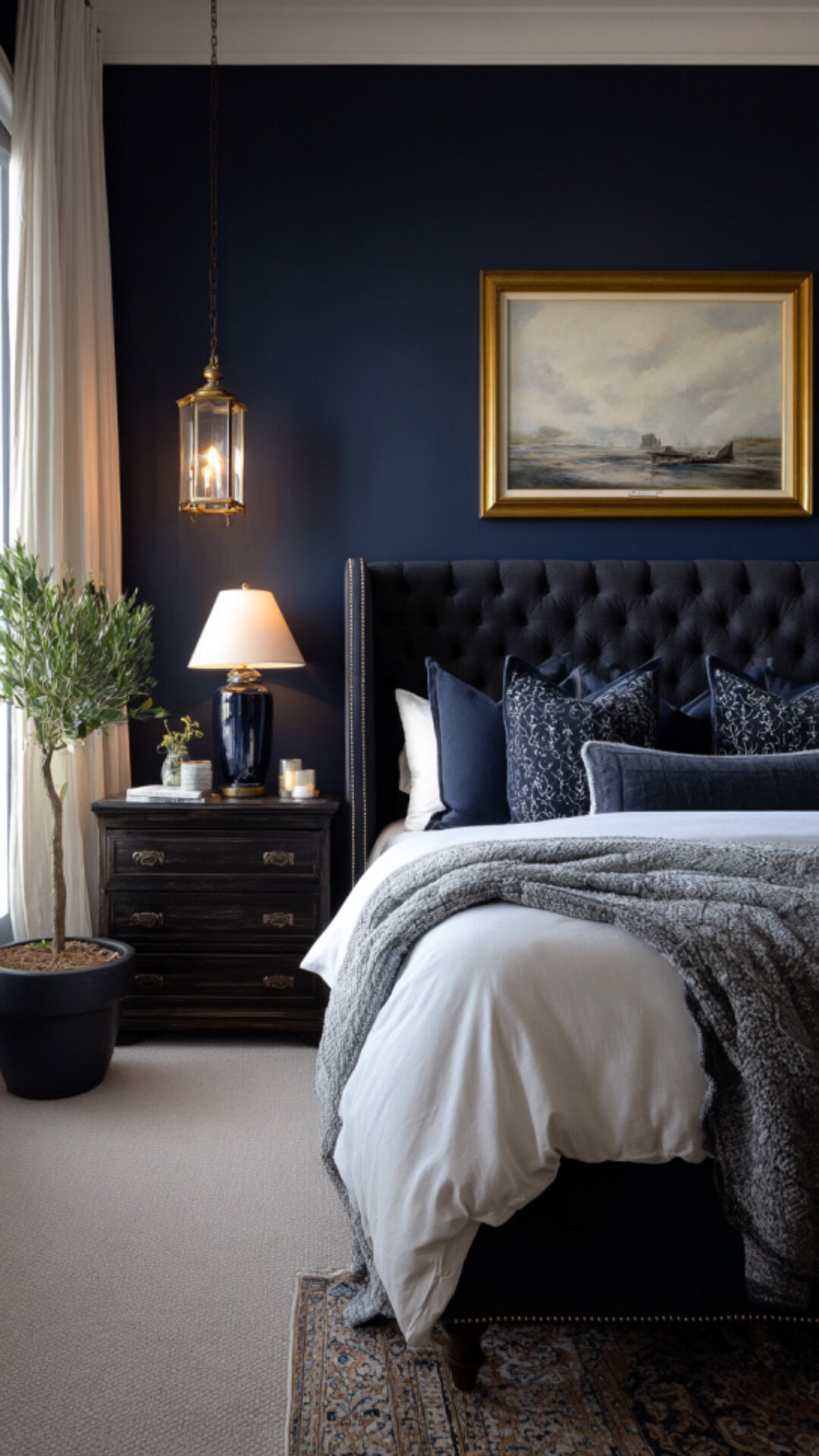 6. Navy Blue Bedroom Accent Wall with Timeless Charm