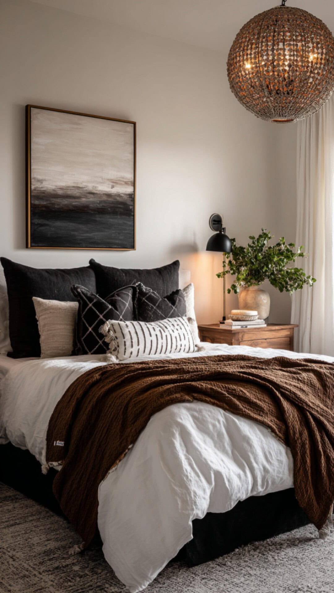 6. Black and White Bedroom with Brown Accents