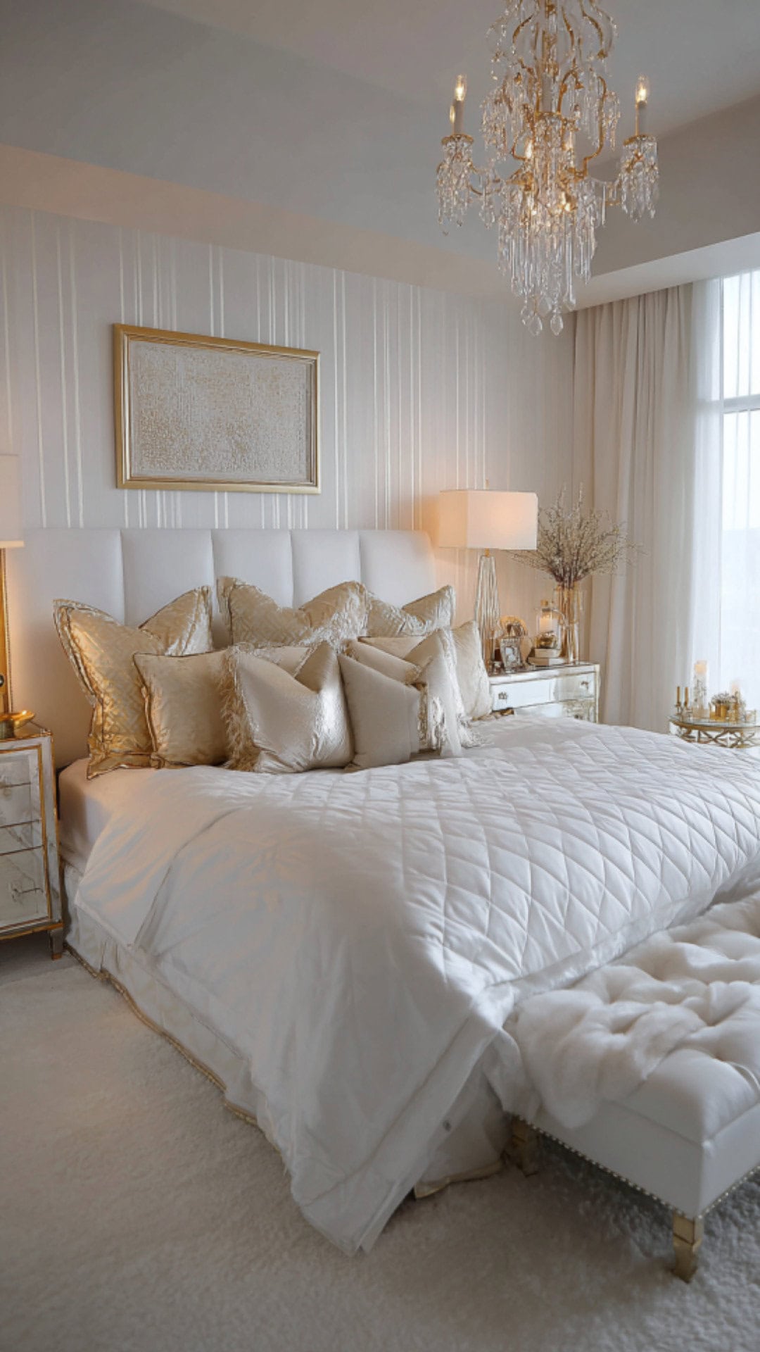 6. White and Gold Bedroom with Luxurious Shine