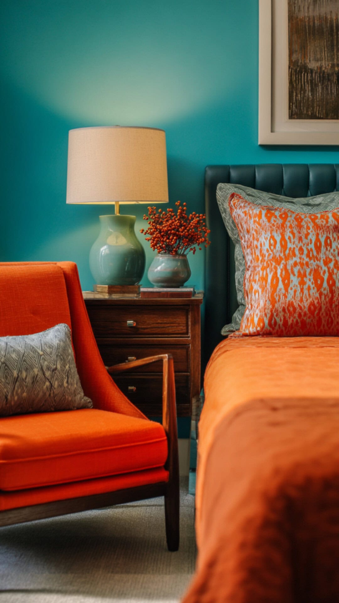 6. Orange and Teal Bedroom with Modern Vibrance