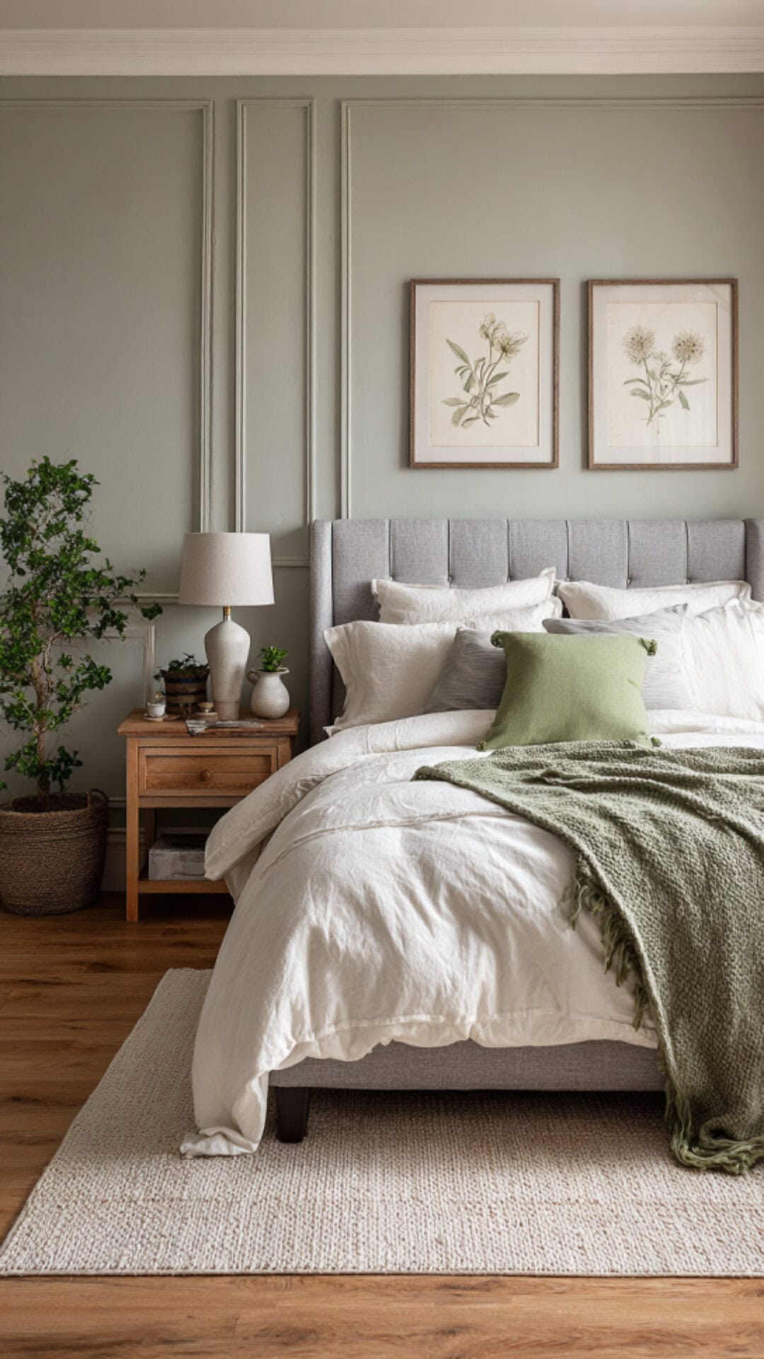 6. Grey and White Bedroom with Sage Green Style