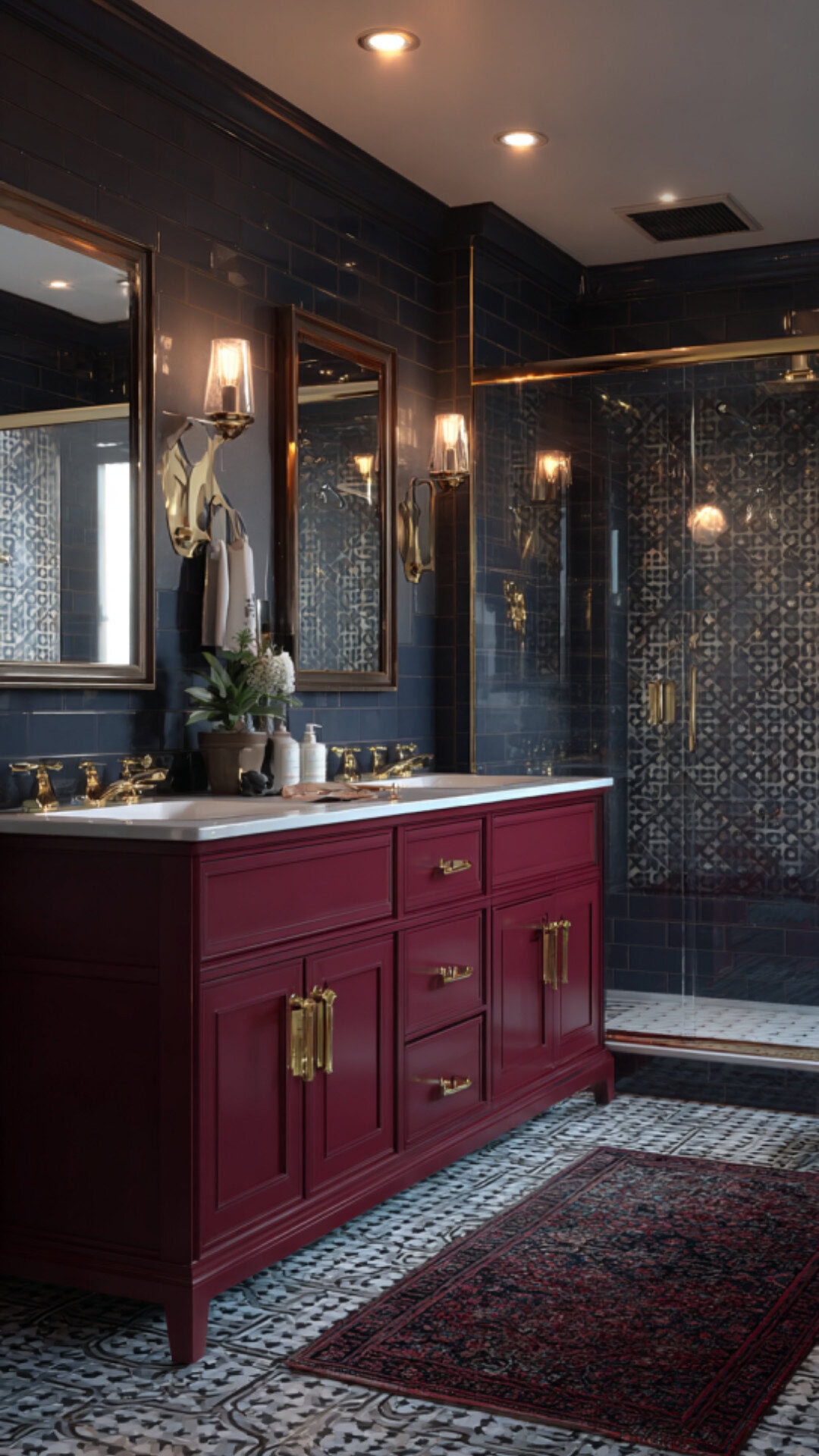 6. Burgundy and Navy Bathroom with Bold Pairing