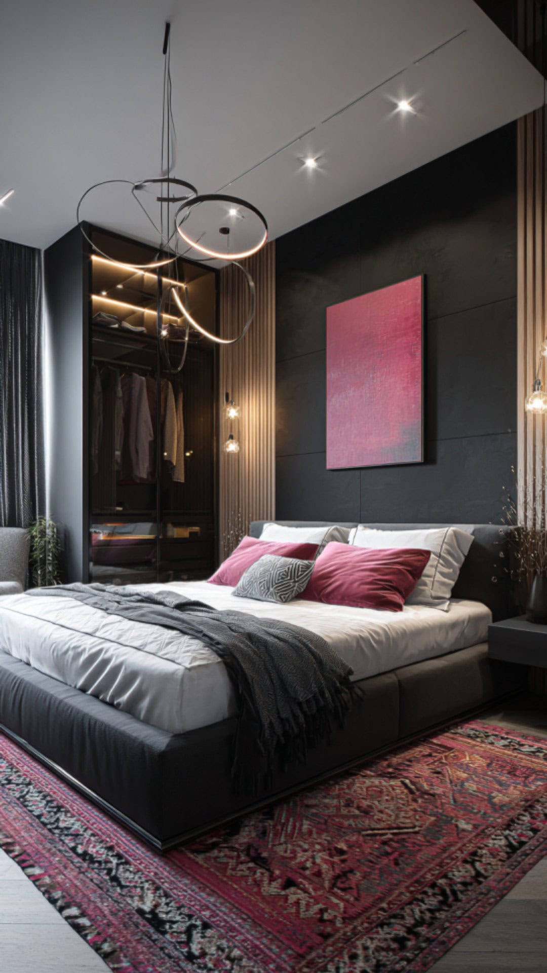 7. Black and Pink Bedroom with Bold Contrast