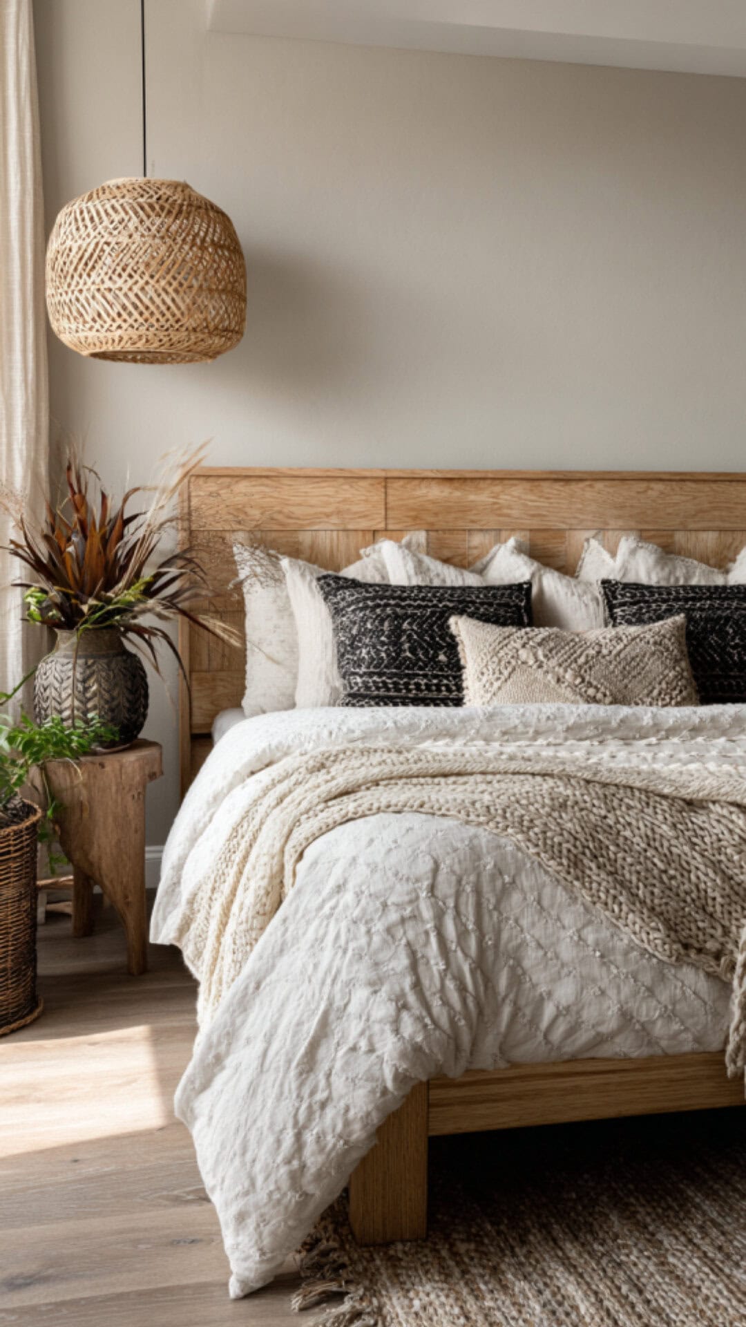 7. Boho Japandi Bedroom with Eclectic Warmth