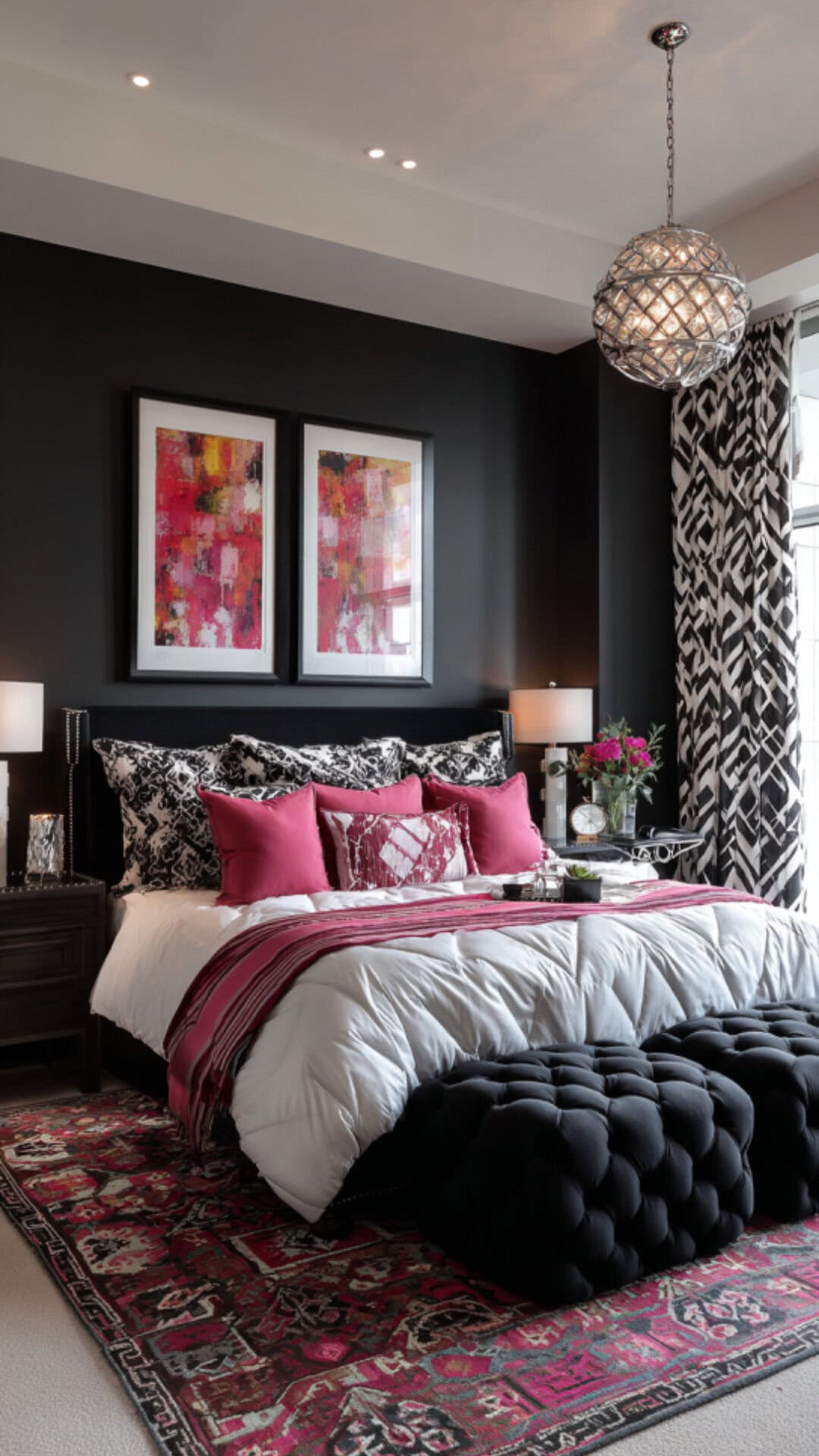 7. Black and Pink Bedroom with Playful Edge