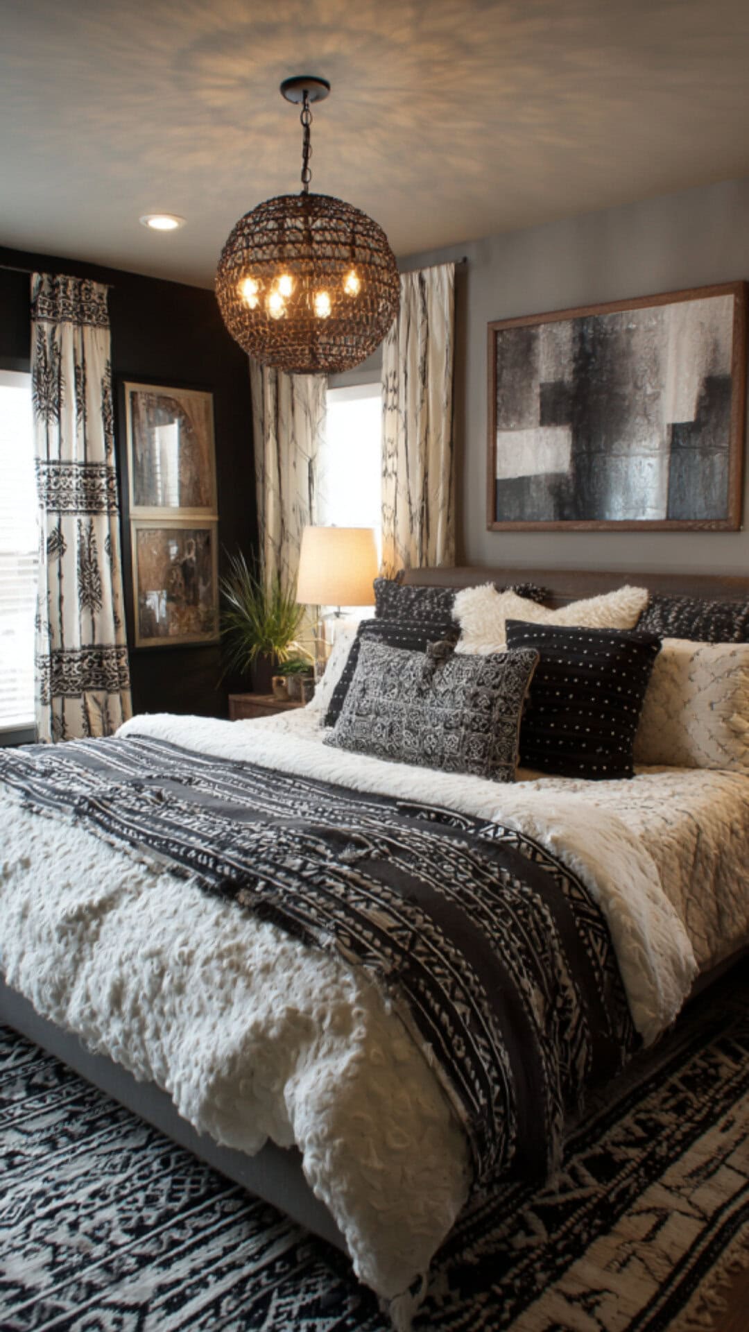 7. Boho Black and White Bedroom with Artistic Flair