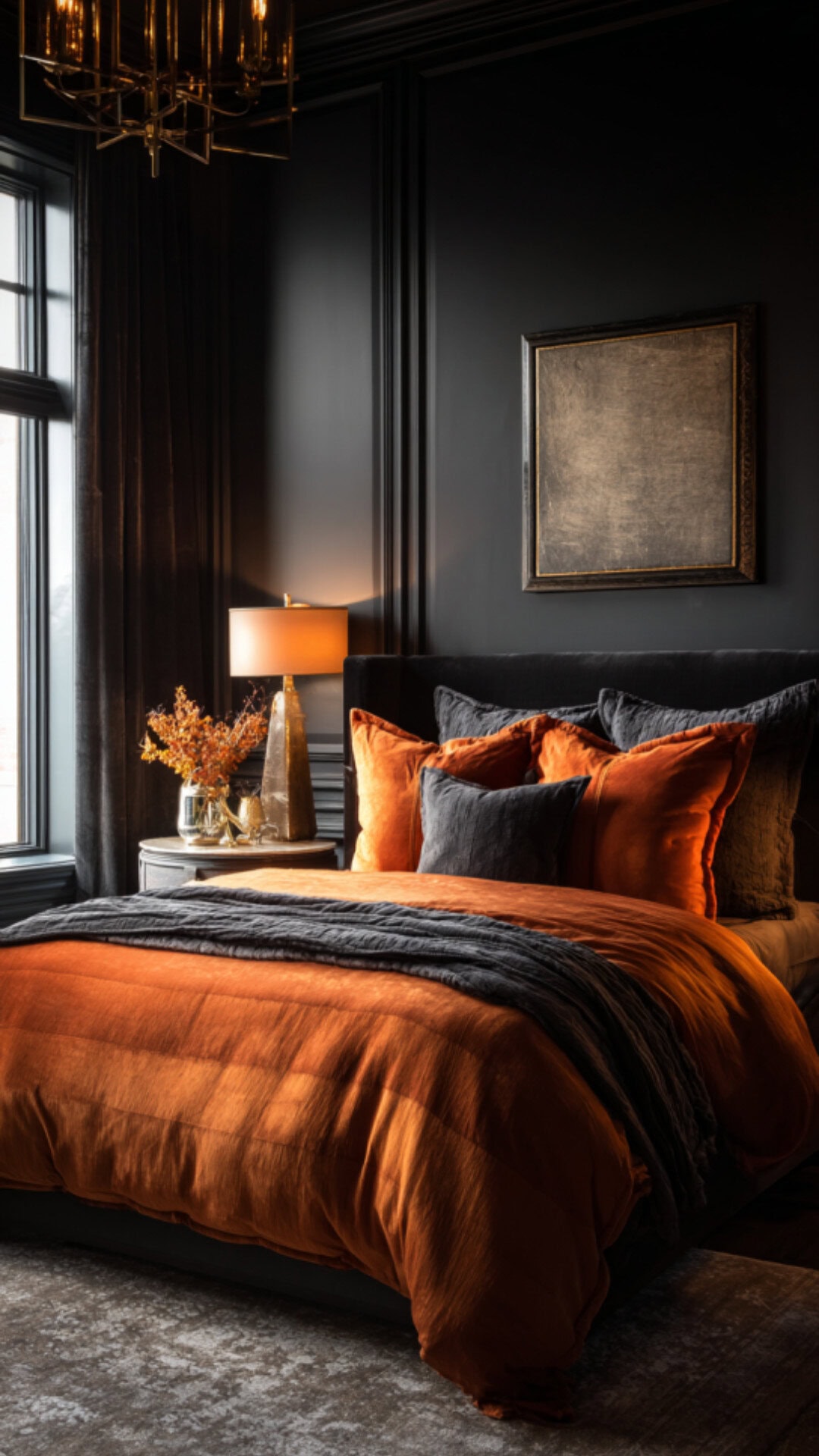 7. Black and Burnt Orange Bedroom with Dramatic Appeal